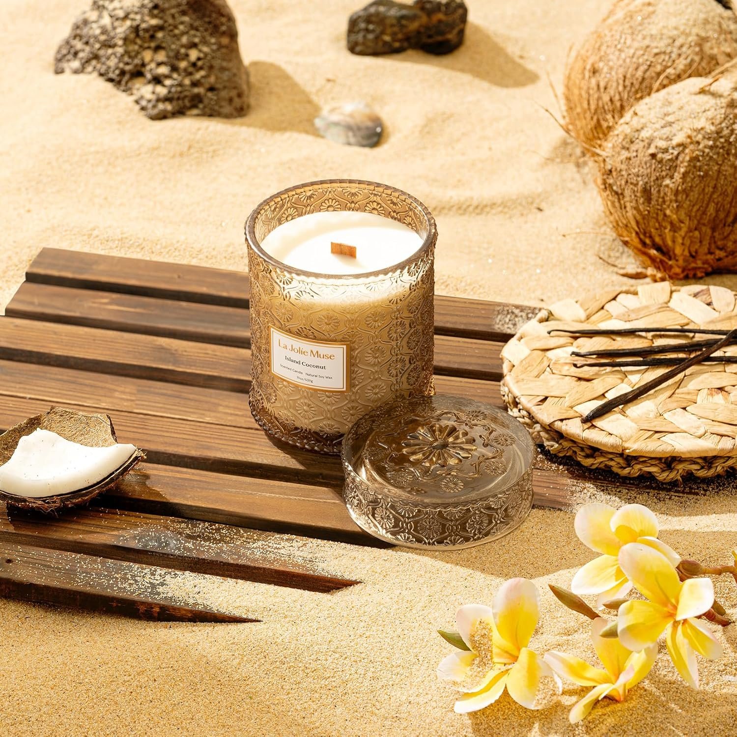 Island Coconut Duftkerze 539g | Glaskerze mit Holzdocht & Kokosduft | 90h Brenndauer | LA JOLIE MUSE
