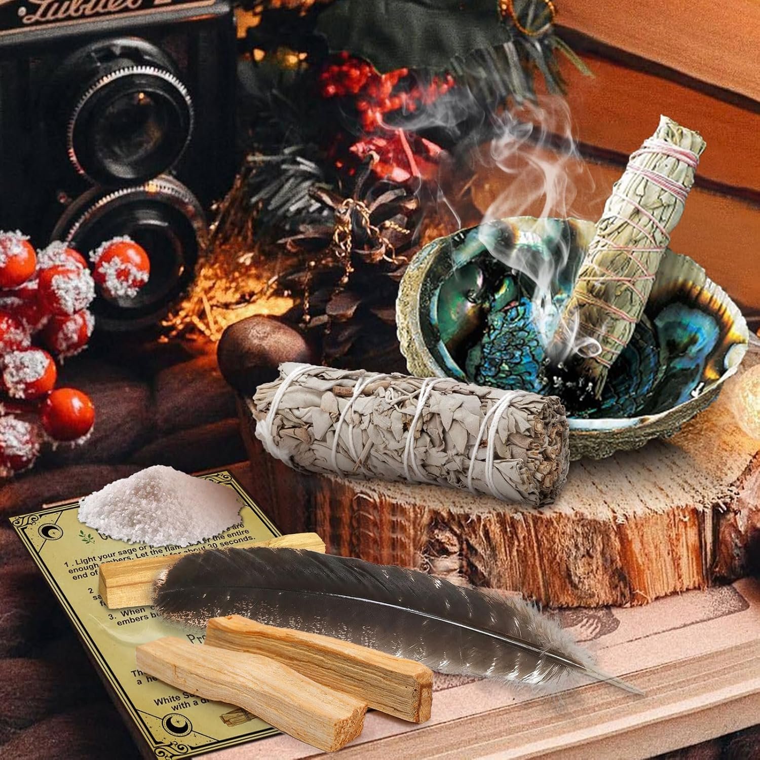 Räucherset Weißer Salbei – 3x Salbeibündel, Palo Santo & Abalone-Muschel | FAMKEEP