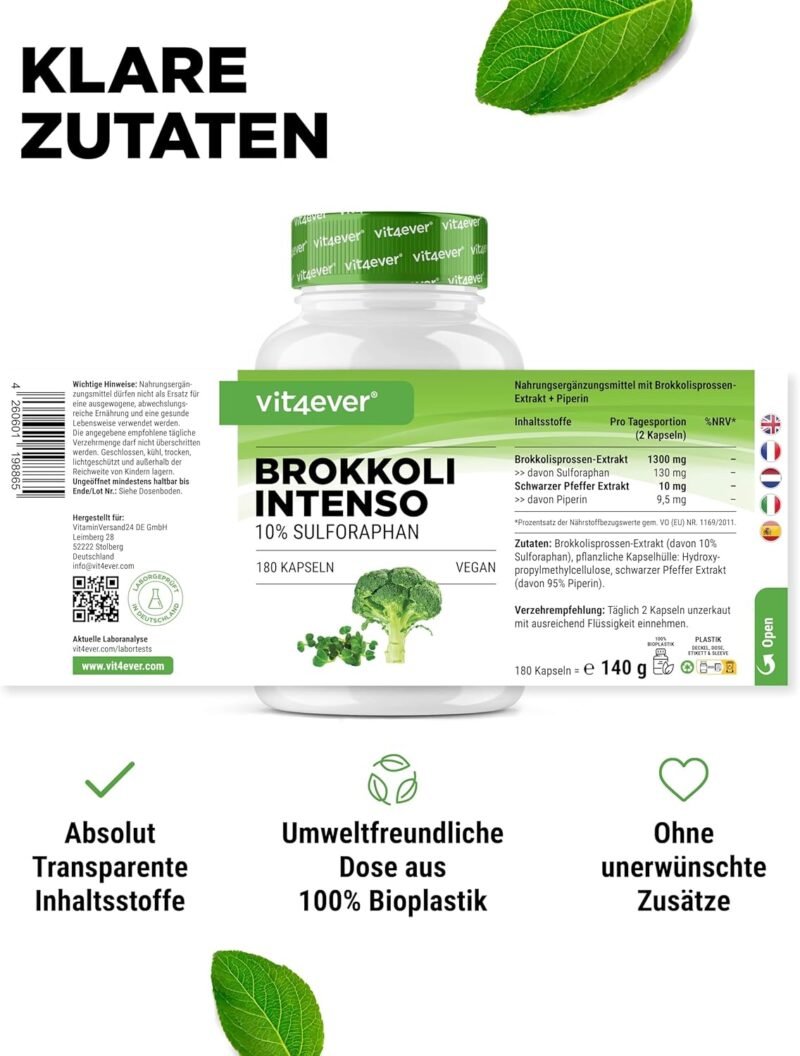 180 Kapseln Brokkoli Extrakt Kapseln hochdosiert mit 10 % Sulforaphan | Vit4ever