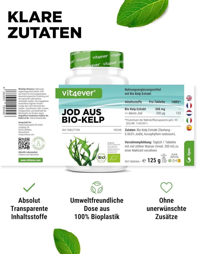 365 Bio Kelp Jod Tabletten – 200 µg natürliches Jod aus Braunalgen, vegan & hochdosiert | Vit4ever