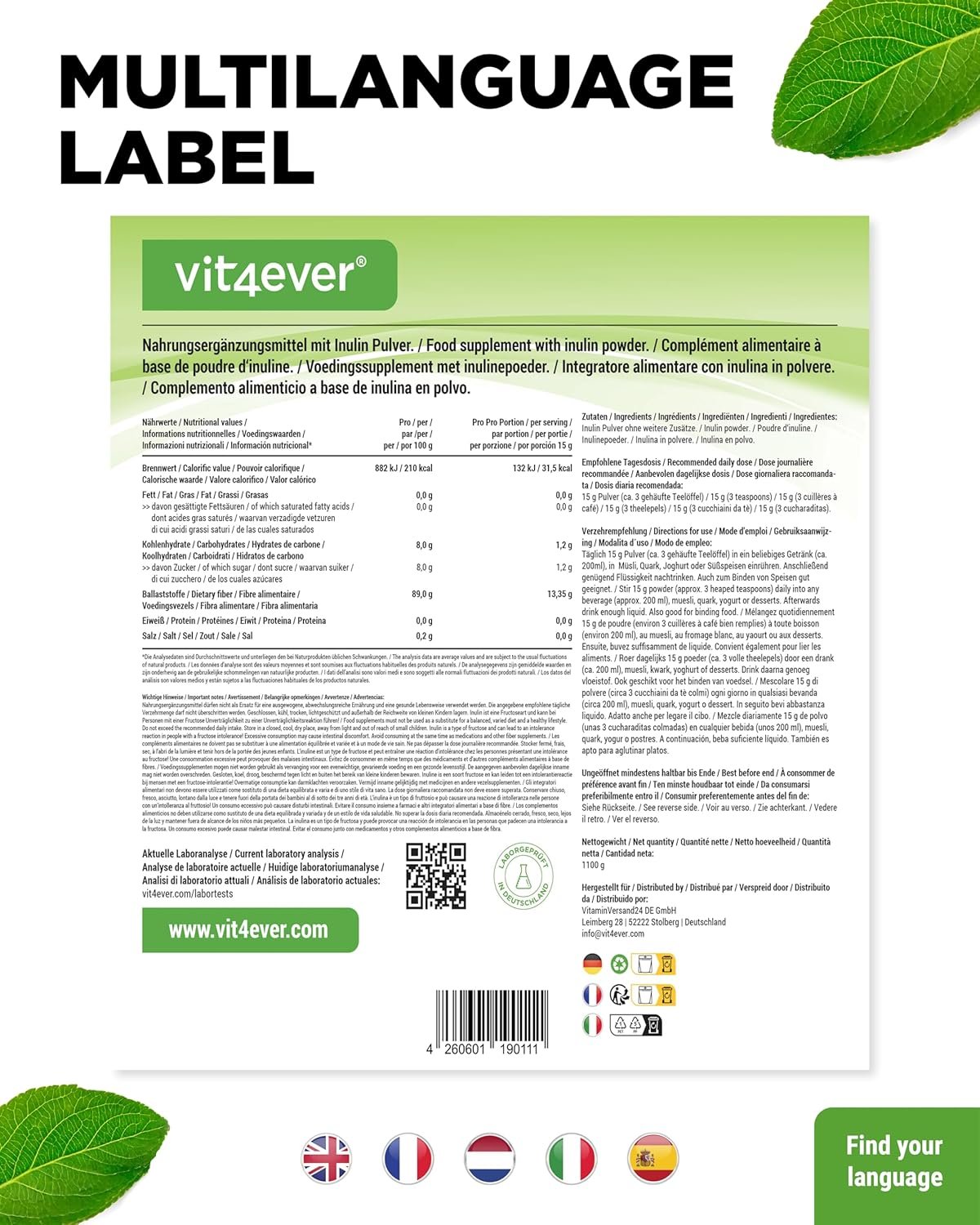 1100g Präbio Inulin Pulver – ballaststoffreich aus Chicorée-Wurzel | Vit4ever