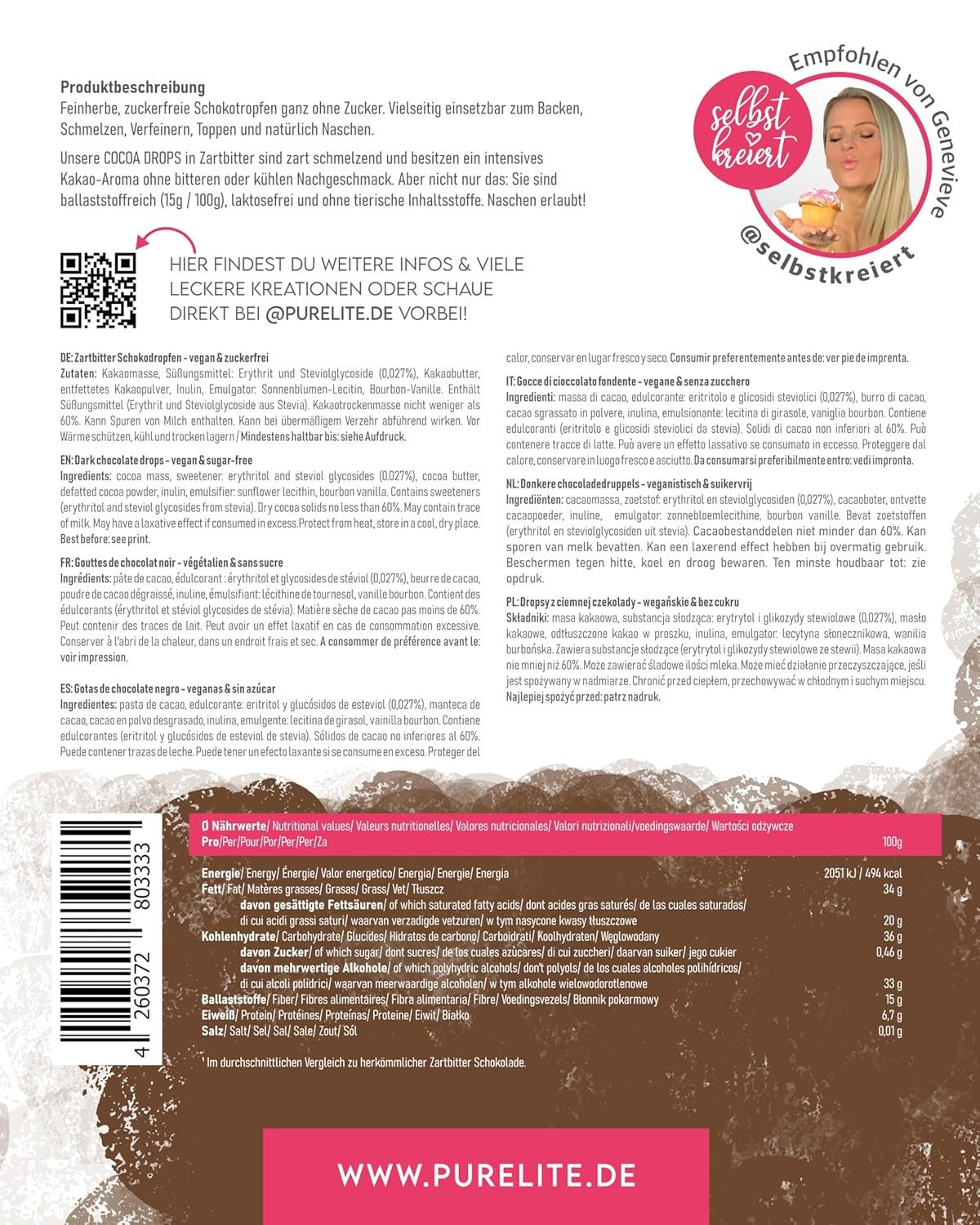 450g Zartbitter Schokodrops vegan & zuckerfrei | PURELITE