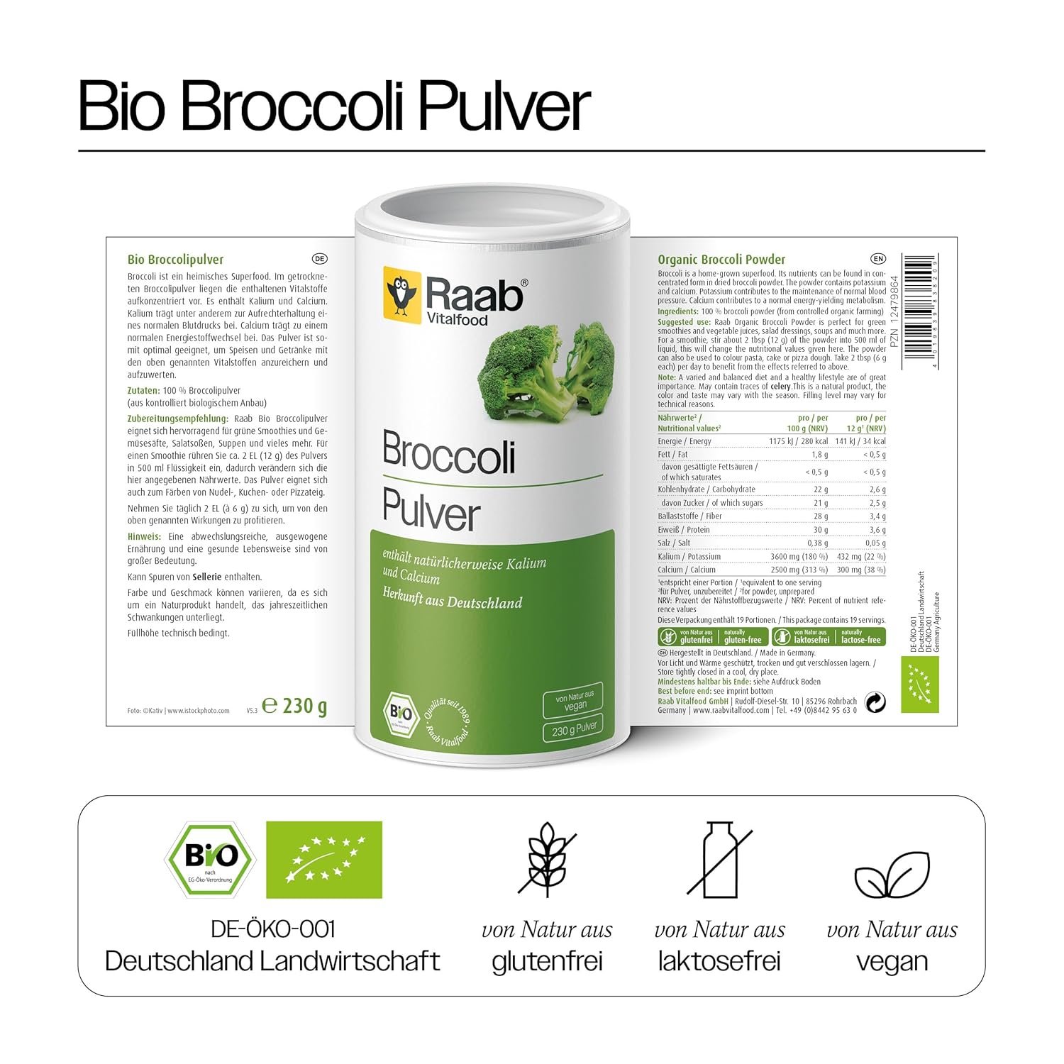 230g Brokkoli Pulver Bio aus 100 % Brokkoli vegan & glutenfrei | Raab Vitalfood