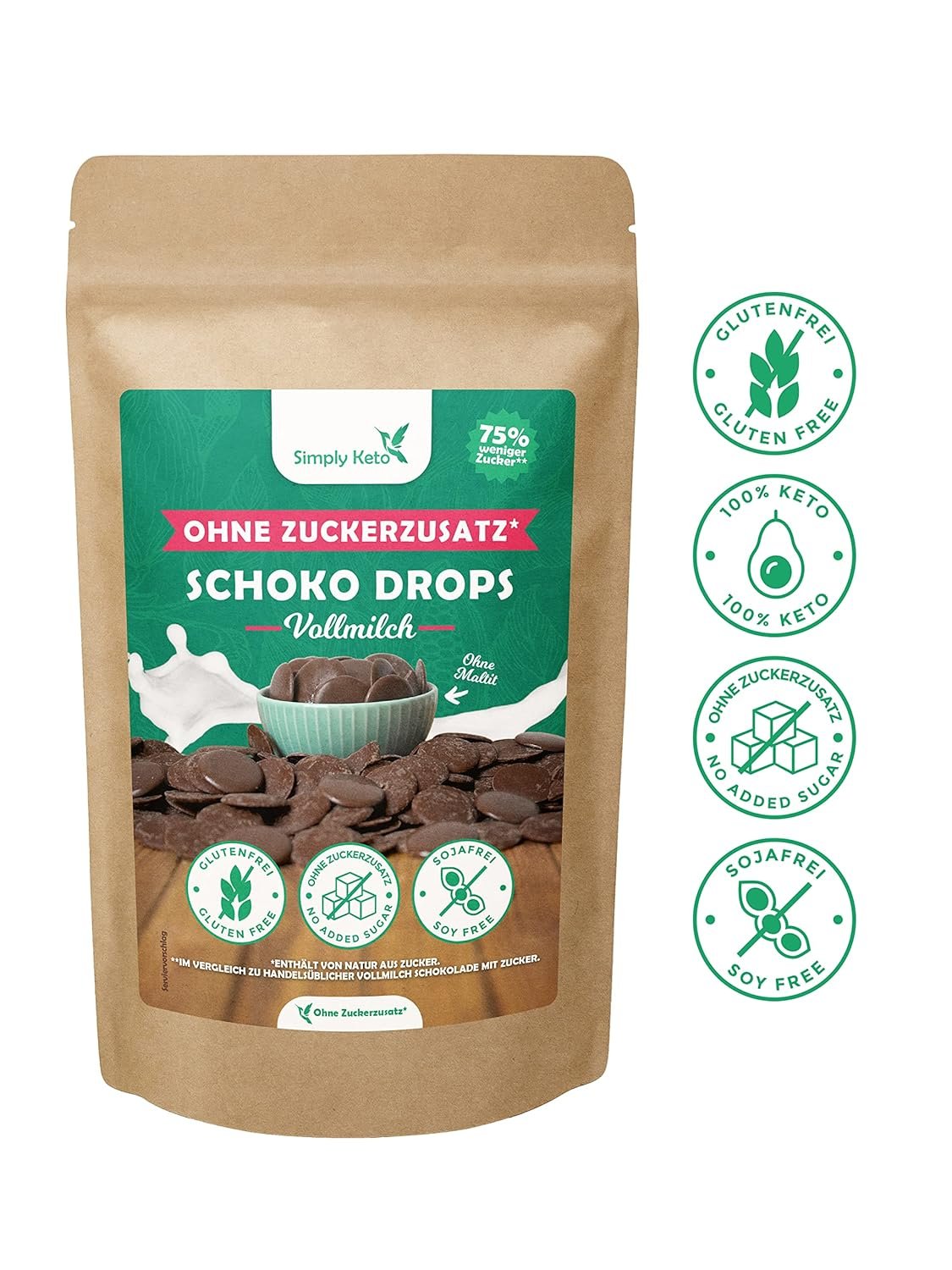 200g Vollmilch Schokodrops ohne Zucker | Ideal für Low-Carb & Keto | Simply Keto