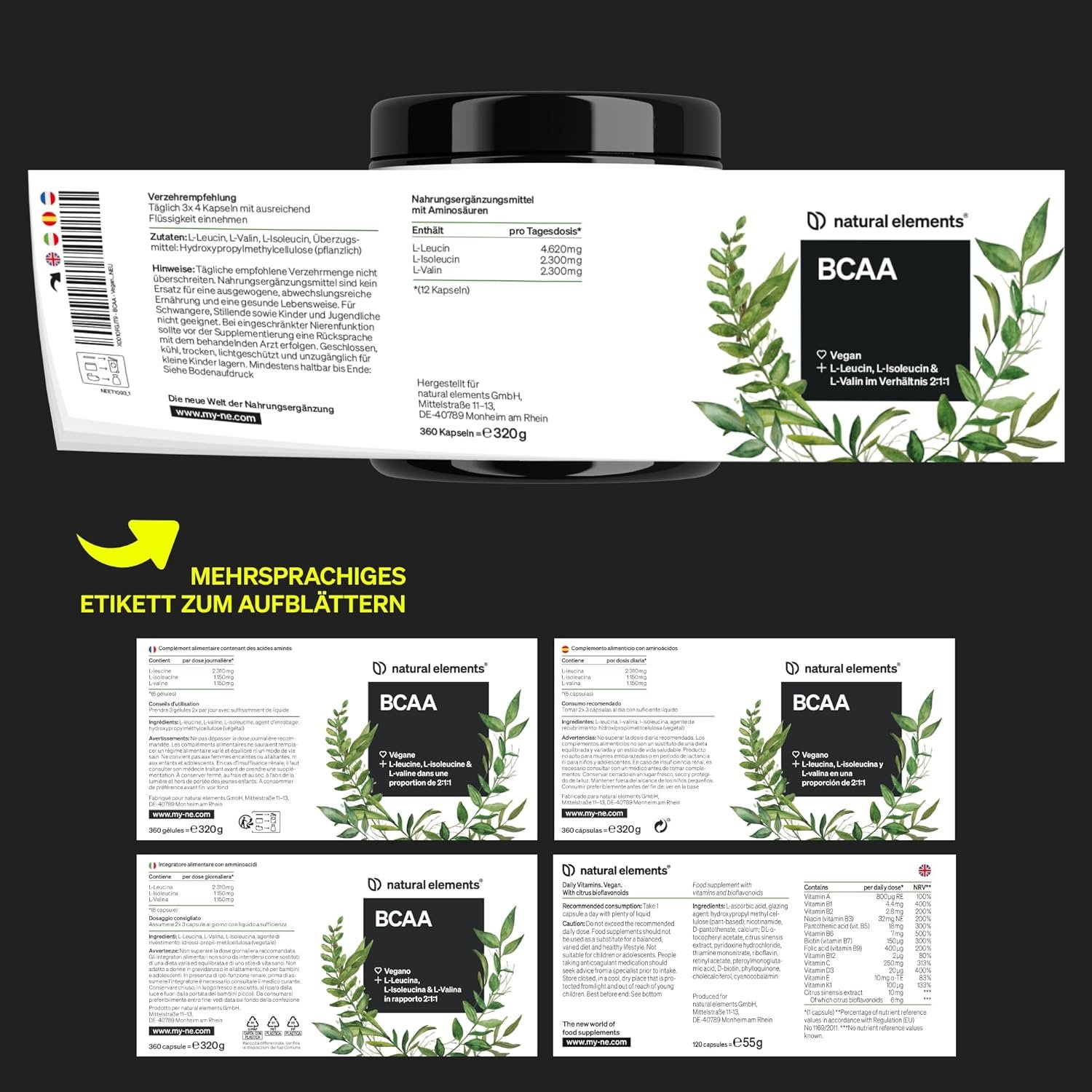 81kRMe7N3fL._AC_SL1500_ 360 BCAA Kapseln 2:1:1 hochdosiert – Essenzielle Aminosäuren für Muskeln | Natural Elements