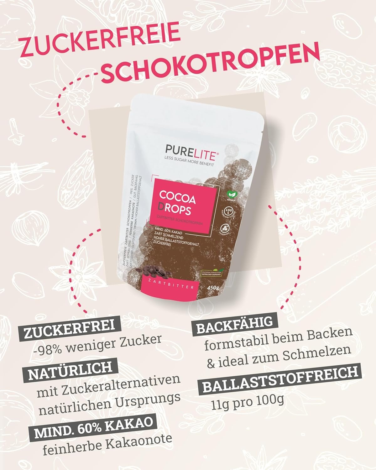 450g Zartbitter Schokodrops vegan & zuckerfrei | PURELITE