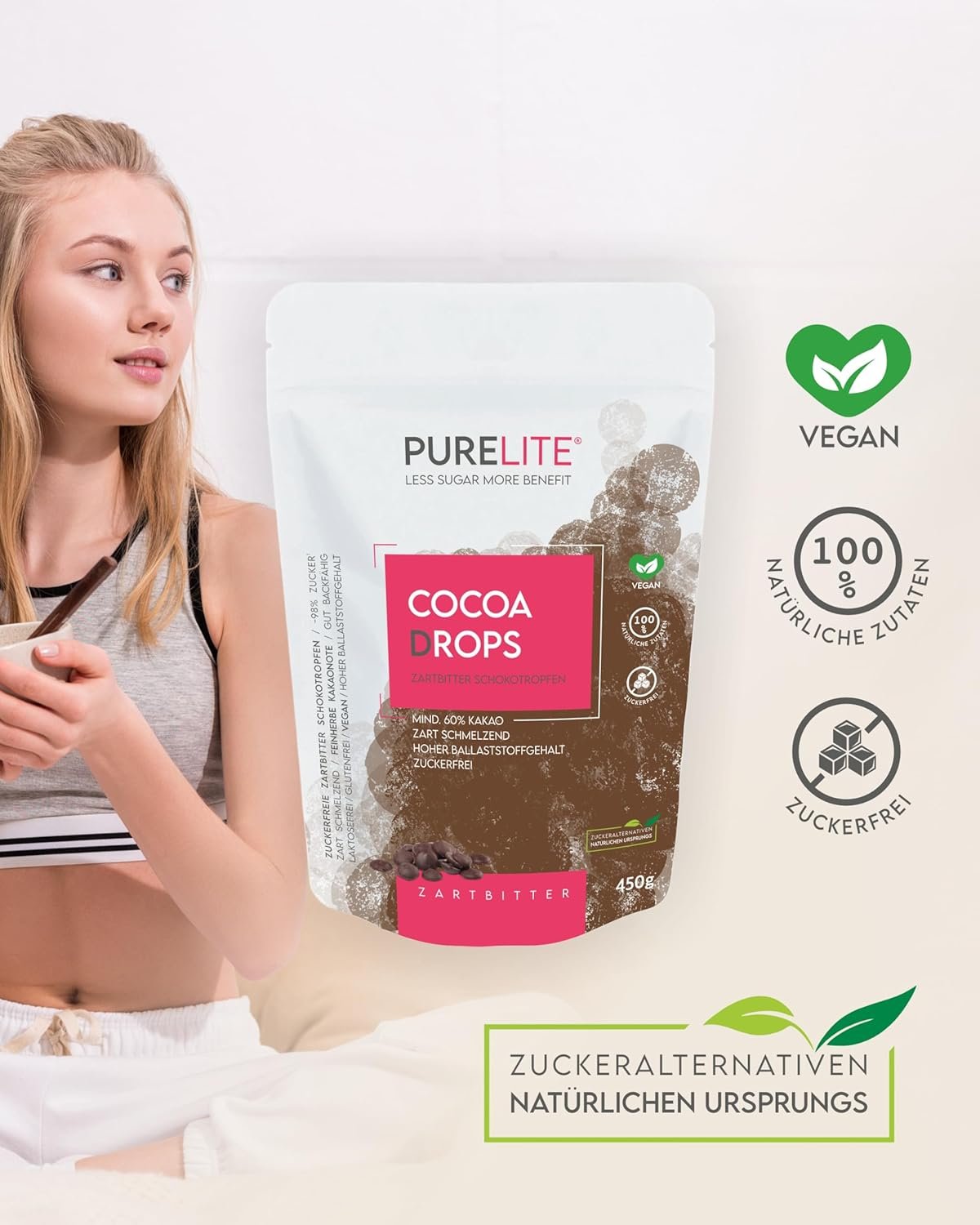 450g Zartbitter Schokodrops vegan & zuckerfrei | PURELITE