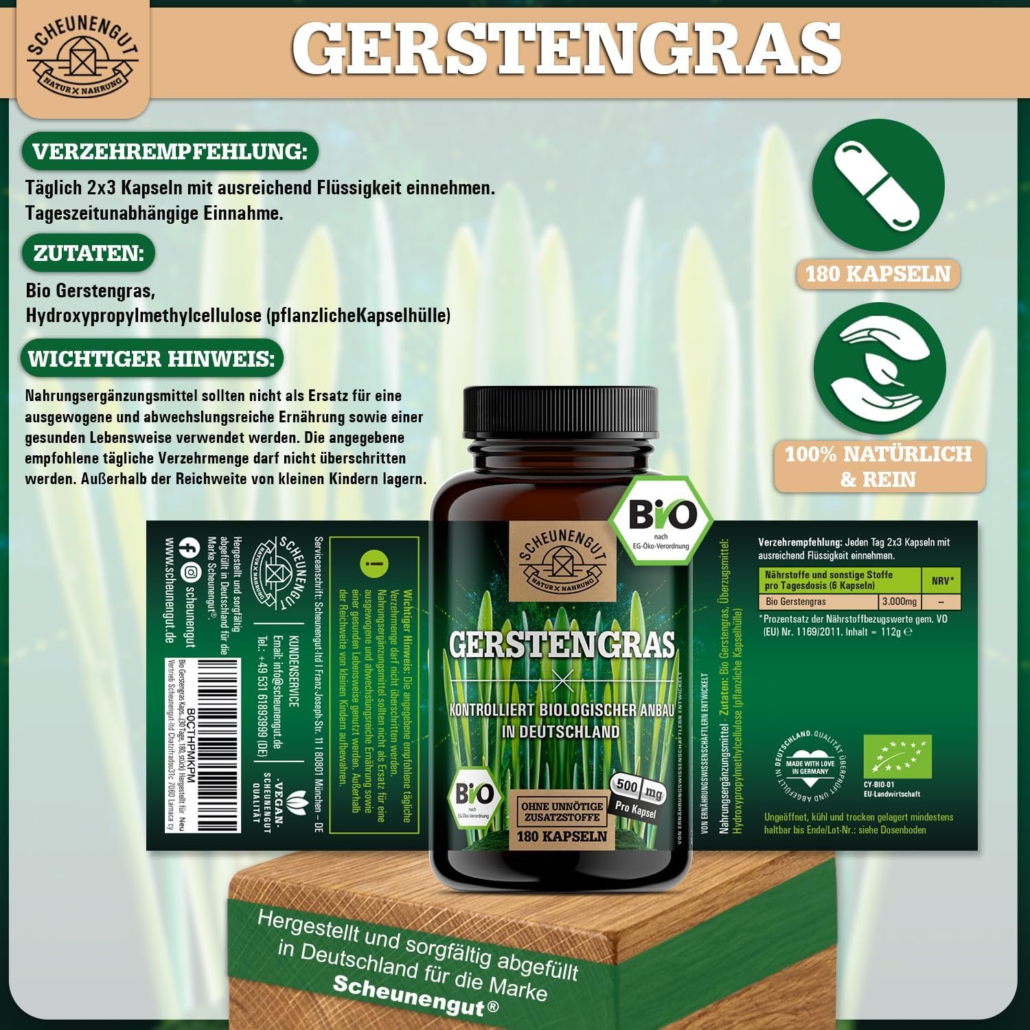 180 Gerstengras Kapseln Bio – 3000 mg Tagesdosis vegan & zertifiziert | SCHEUNENGUT