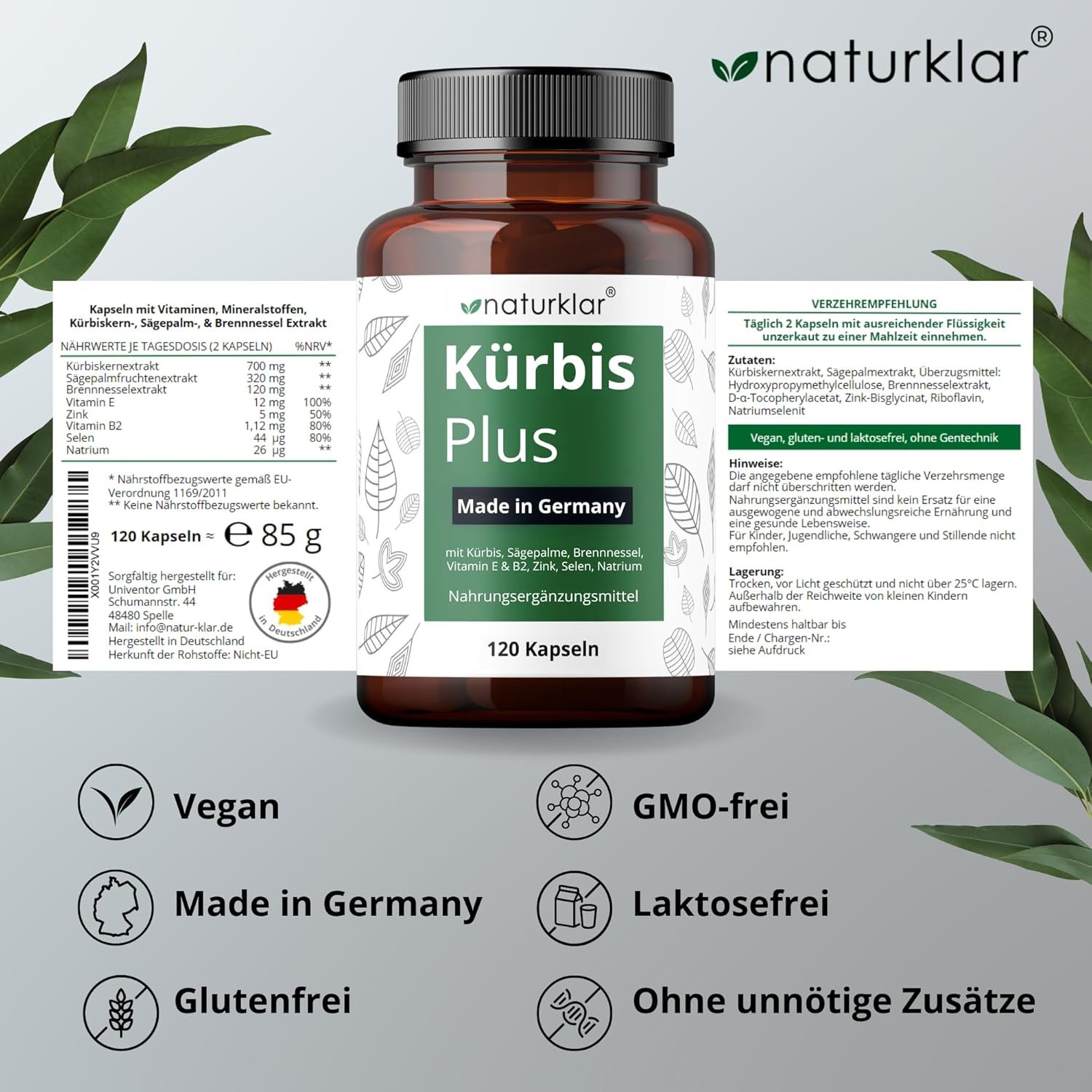 120 Kürbiskern Kapseln – mit Sägepalmen- & Brennnesselextrakt, Zink & Selen | Naturklar