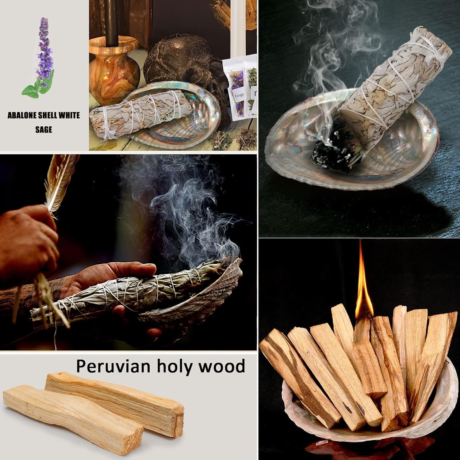 Räucherset Weißer Salbei – 3x Salbeibündel, Palo Santo & Abalone-Muschel | FAMKEEP
