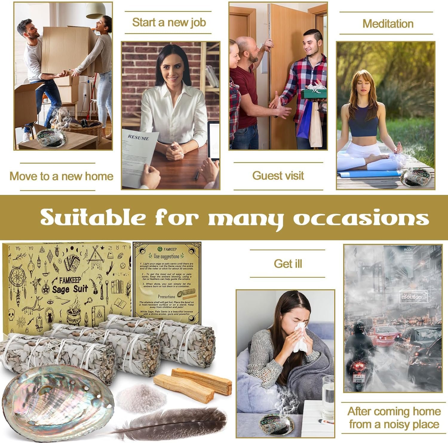 Räucherset Weißer Salbei – 3x Salbeibündel, Palo Santo & Abalone-Muschel | FAMKEEP