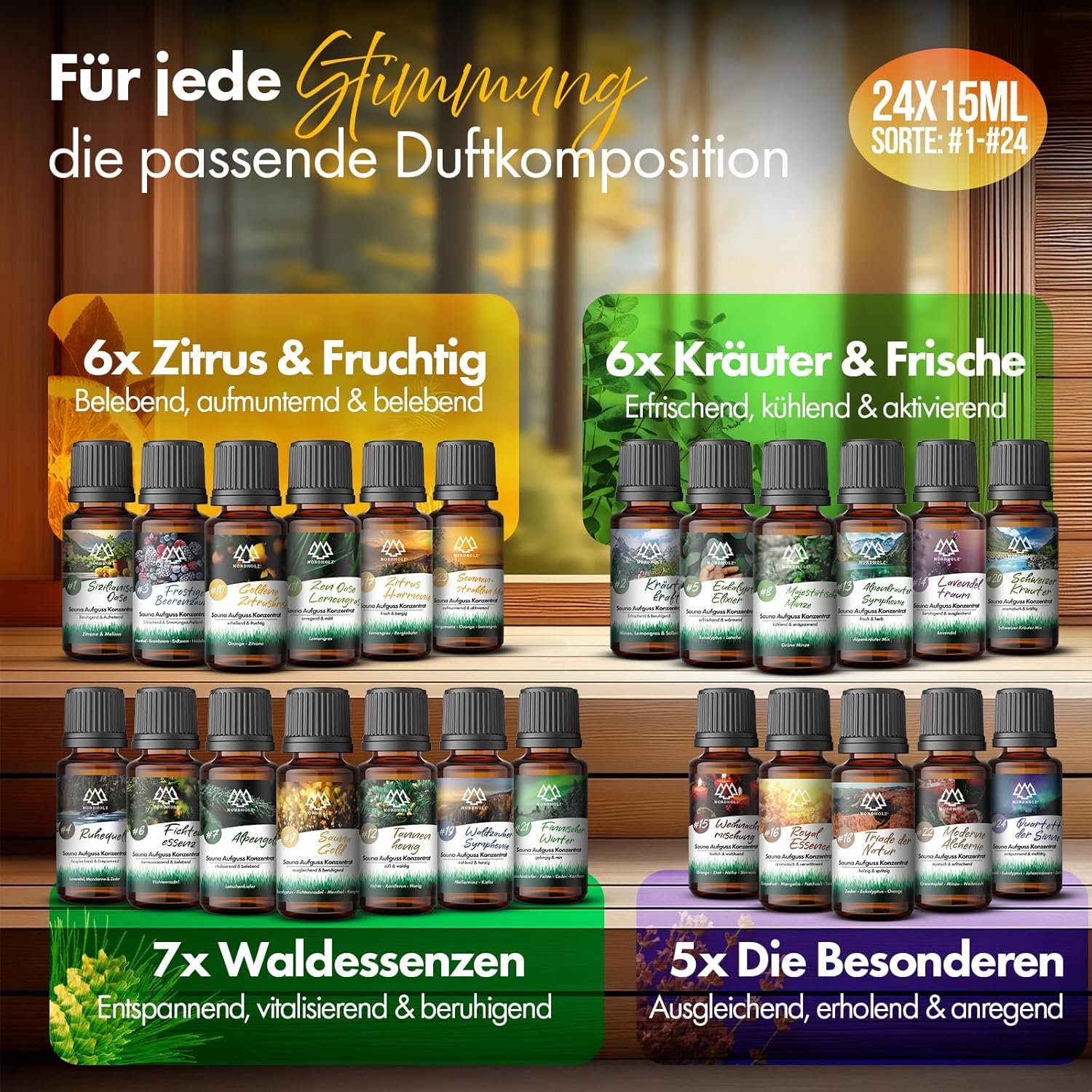 Saunaaufguss Discovery Box 24x15ml | 24 naturreine ätherische Öle für dein Saunaerlebnis | NORDHOLZ