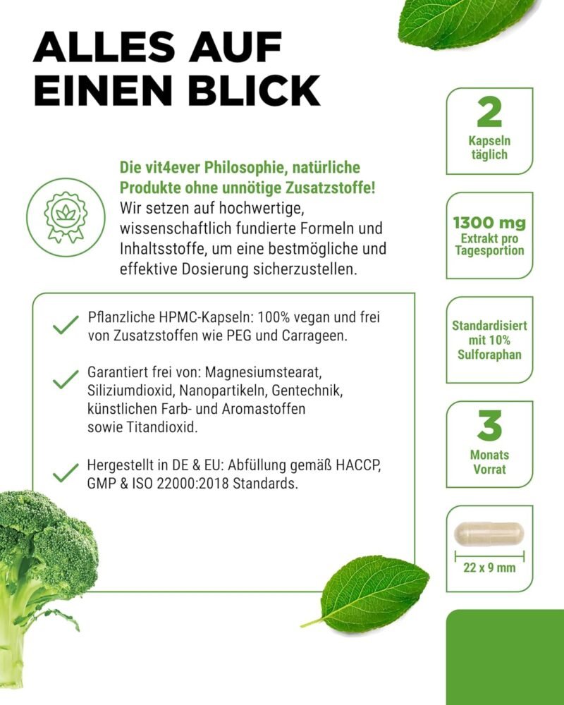 180 Kapseln Brokkoli Extrakt Kapseln hochdosiert mit 10 % Sulforaphan | Vit4ever