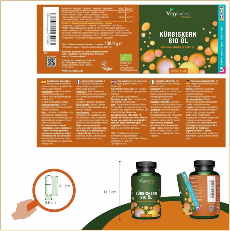 180 Kürbiskernöl Kapseln Bio – kaltgepresst & vegan ohne Zusätze | Vegavero