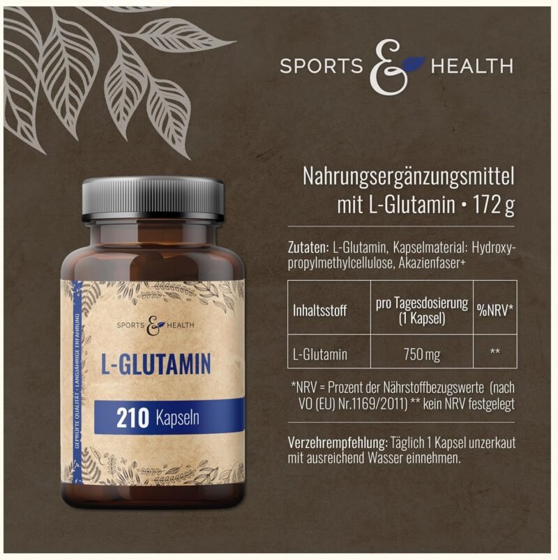210 L Glutamin Kapseln 750mg – Reines Aminosäure-Supplement | CDF Sports & Health
