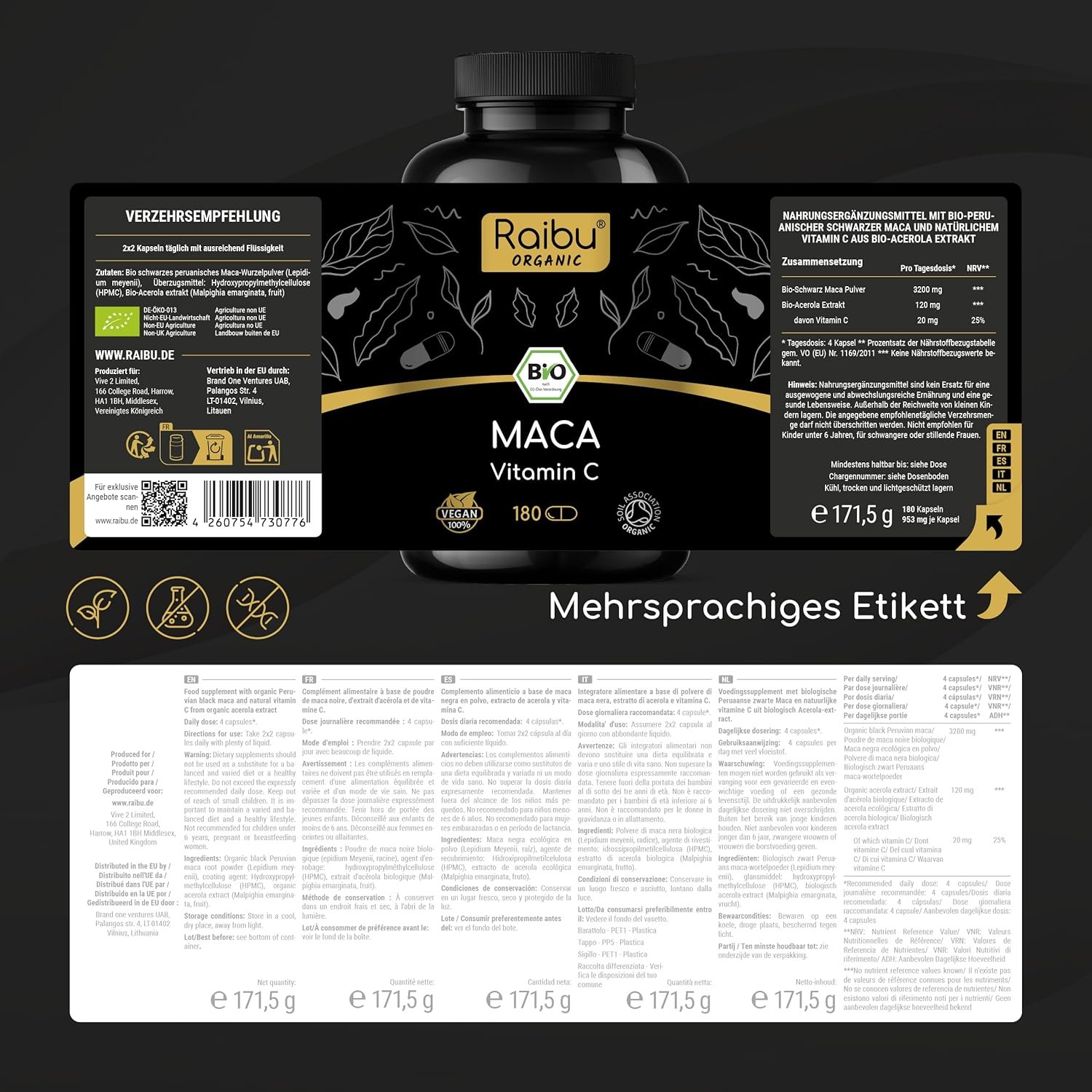 91YPmYnKUdL._AC_SL1500_ 180 Schwarze Maca Kapseln Bio – hochdosiert, 3200 mg täglich, vegan & naturrein | Raibu