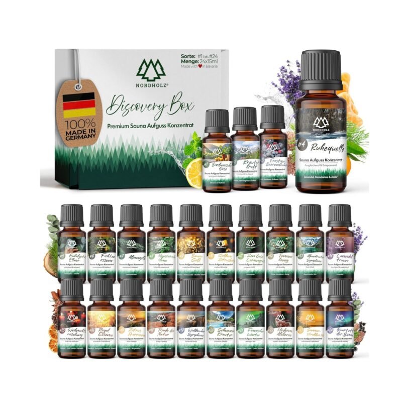 Saunaaufguss Discovery Box 24x15ml mit 24 ätherischen Ölen für Sauna