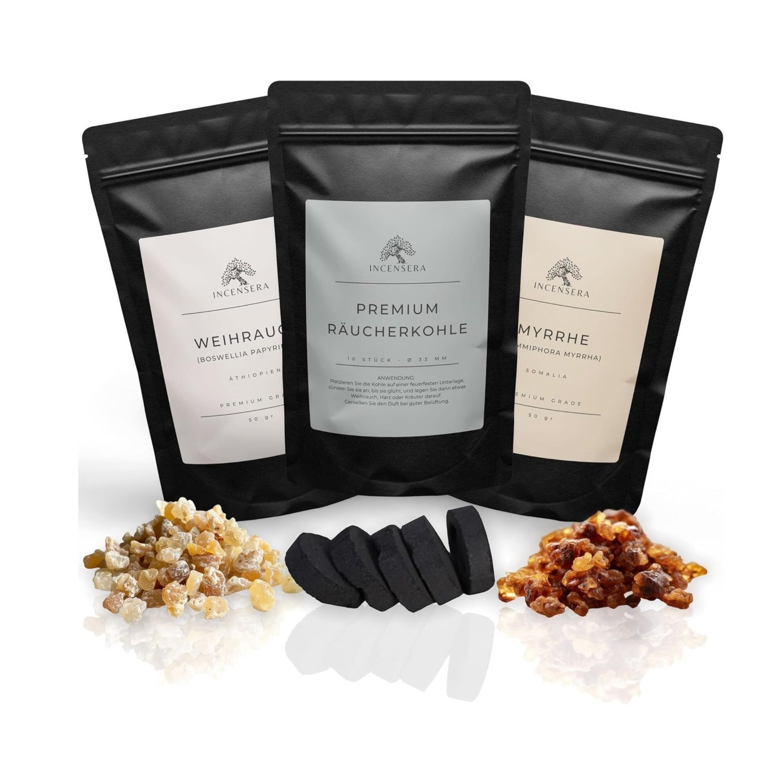 Weihrauch Myrrhe Set 150g Granulat mit Kohle für Meditation
