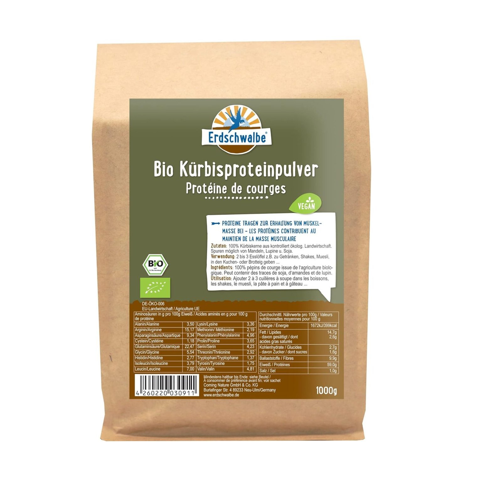 1000g kuerbiskern protein bio eiweisspulver vegan