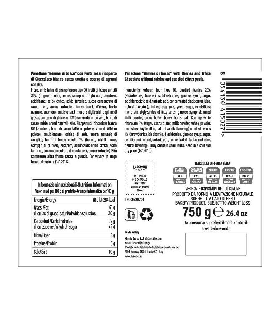 750g Panettone Beeren mit weißer Schokolade überzogen | Luscioux Edelsteine der Wälder