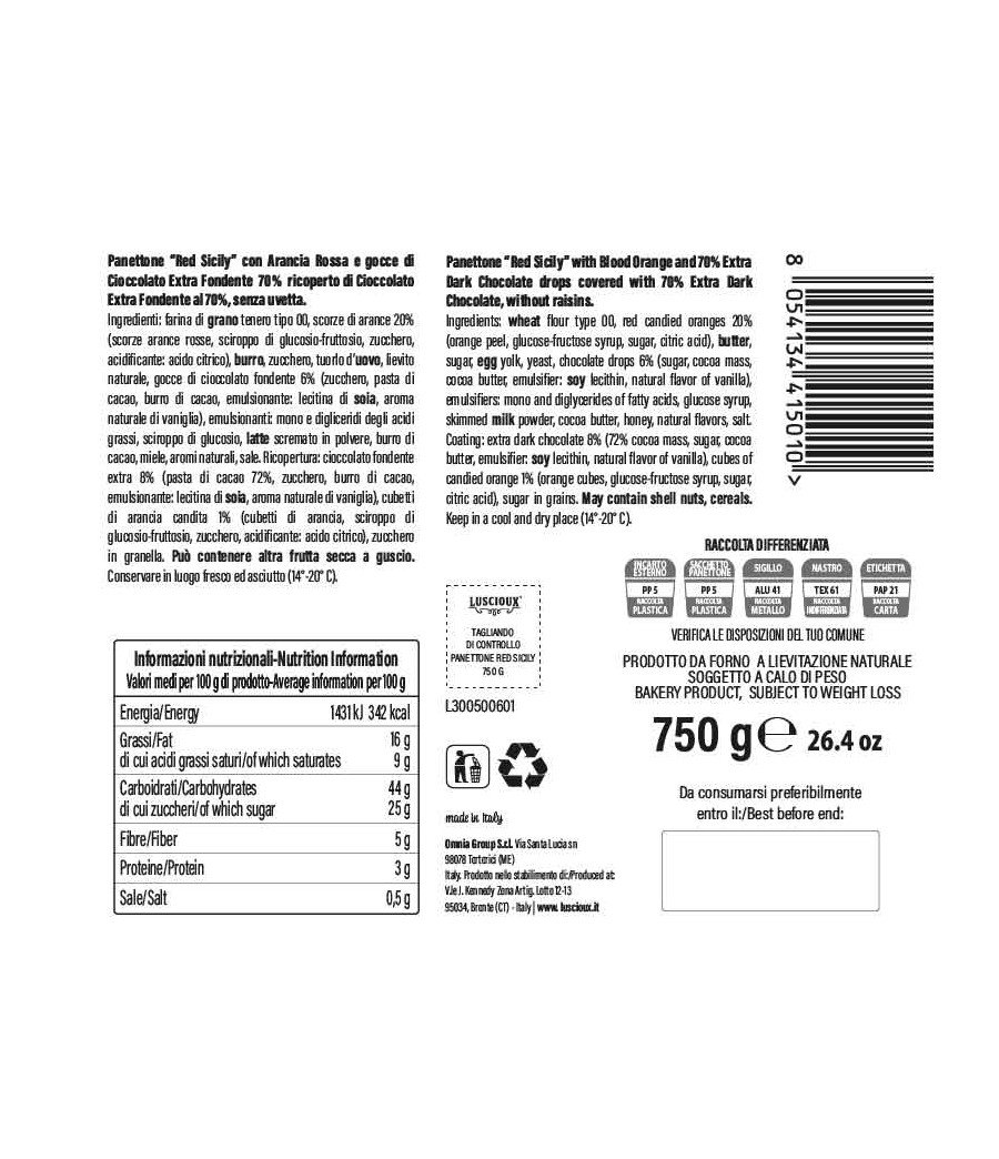 750g Panettone Blutorange mit dunkler Schokoladenglasur & Tropfen | Luscioux Rot Sizilien