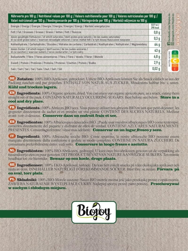 1kg Bio Aprikosen getrocknet – ungeschwefelt & ohne Zusatzstoffe | Biojoy
