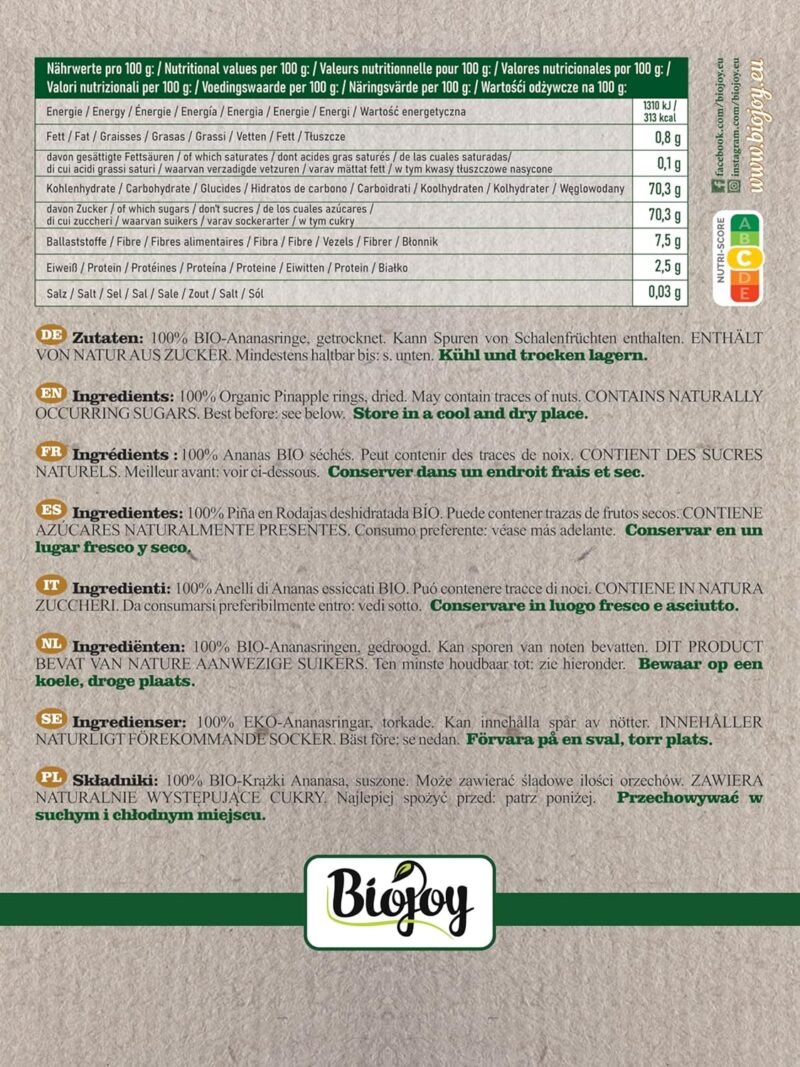 1kg Bio Ananasringe – getrocknet, ungeschwefelt & ohne Zuckerzusatz | Biojoy