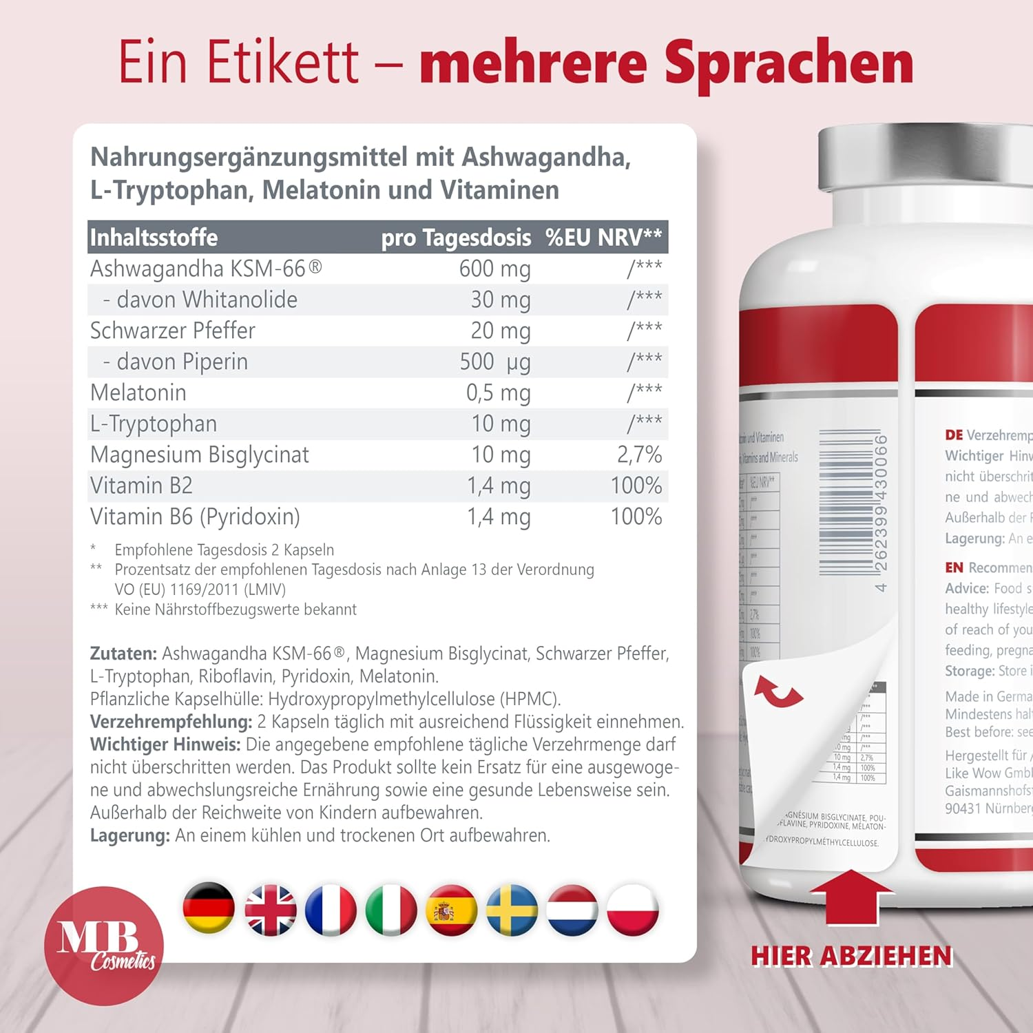 Ashwagandha Kapseln hochdosiert – 180 vegane Kapseln mit KSM-66®, 5 % Withanolide – Medical Beauty Cosmetics