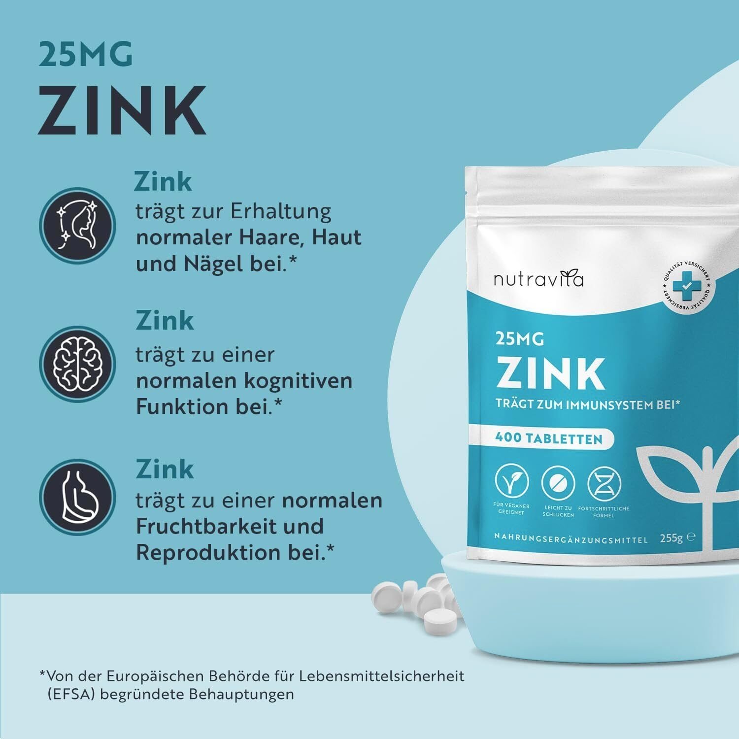 Zink Tabletten 25mg – 400 Vegane Tabletten Hochdosiert – Ohne Zusatzstoffe – Nutravita