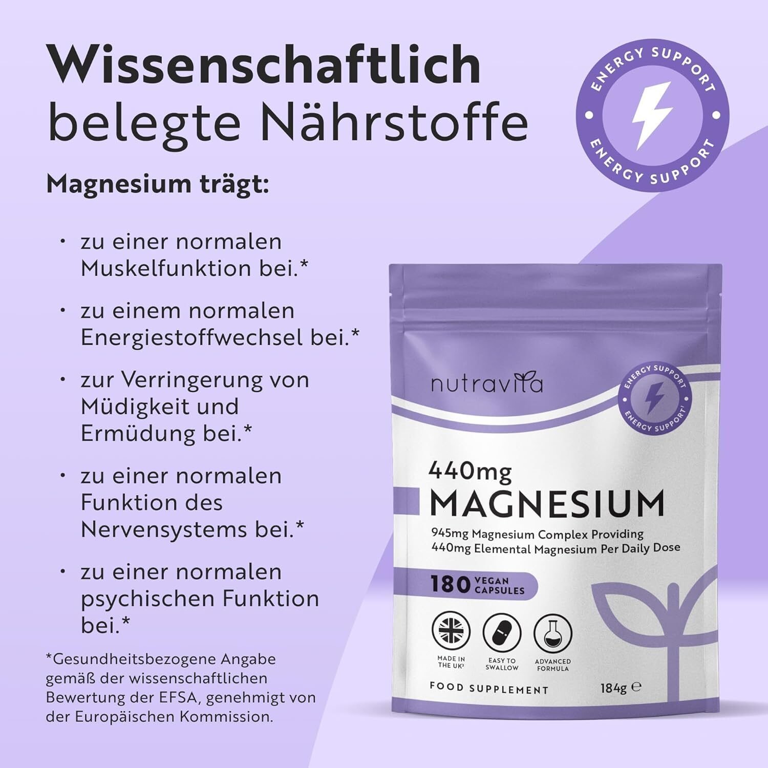Magnesium Komplex 440 mg – Hoch bioverfügbares Magnesiumcitrat – 180 vegane Kapseln – Premium Qualität – Nutravita