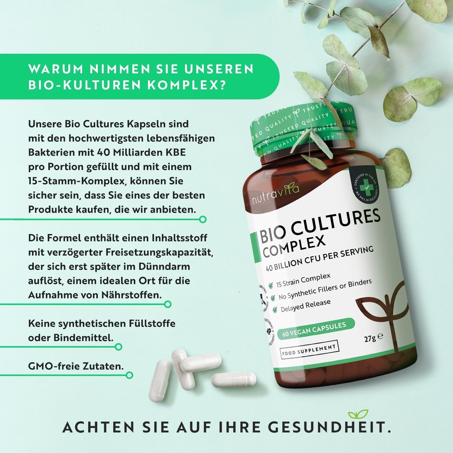 Bio Cultures Komplex 60 Kapseln – 40 Mrd. KBE Pro Tagesdosis – 15 Bakterienstämme – Veganes Probiotikum – Nutravita