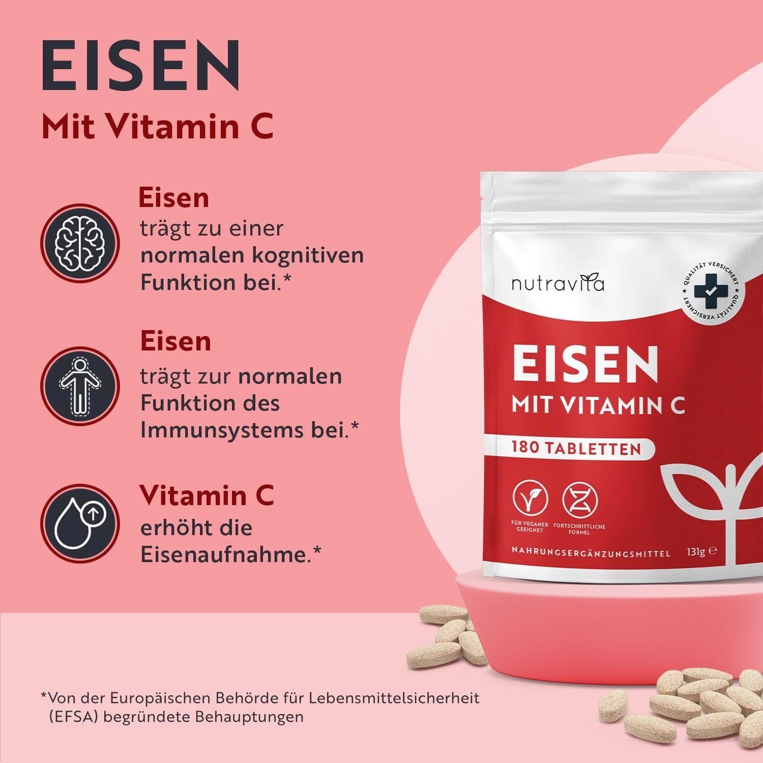 104acce3db4e1dd462c6d25e3be975f4.jpg Eisentabletten 180 Tabletten – 40 mg Eisen + Vitamin C – Hochdosiert – Vegane Tabletten – Nutravita