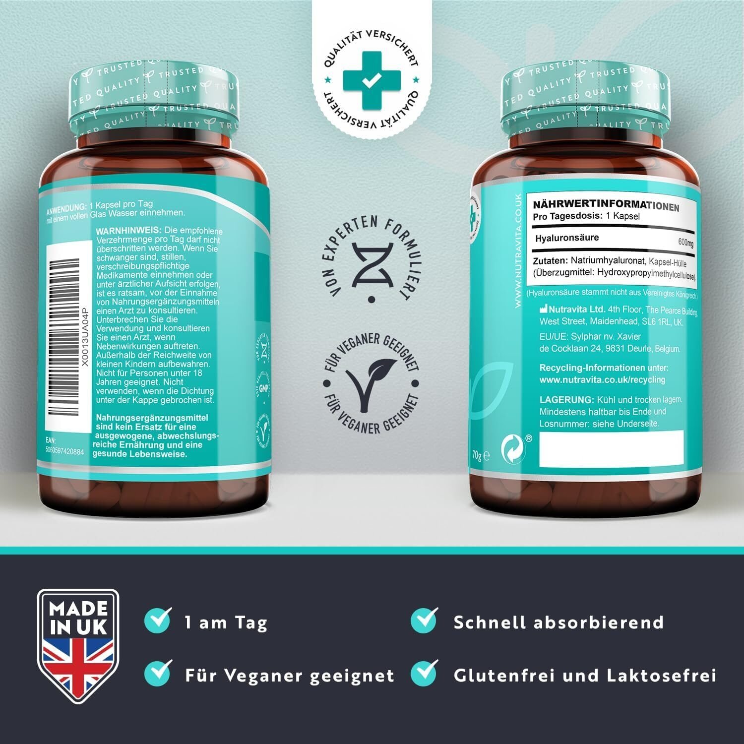 Hyaluronsäure Kapseln 90 Kapseln – 600 mg Hochdosiert – 500–700 kDa – 3 Monatsvorrat – Nutravita