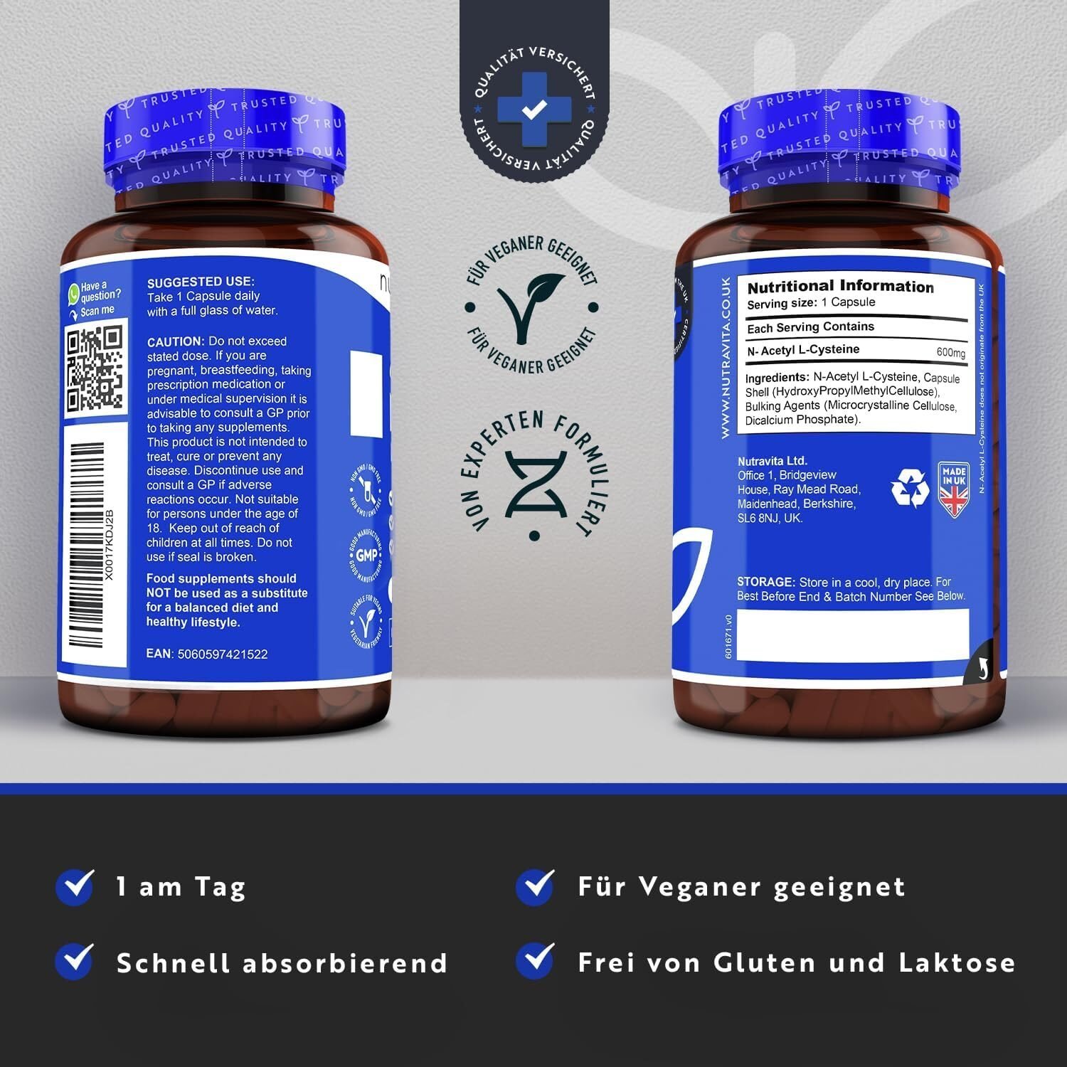 1b2414412f89894408e207d9dfce01e1.jpg NAC N-Acetyl-Cystein 600 mg 150 Kapseln – Hochdosiert – 5 Monatsvorrat – Vegane Kapseln – Nutravita