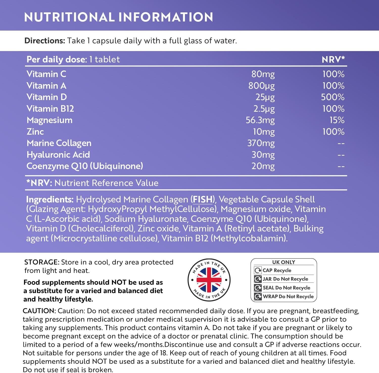 Kollagen Komplex 90 Kapseln – Mit Marinem Kollagen, Hyaluronsäure, Vitaminen & Mineralstoffen – 3 Monatsvorrat – Nutravita