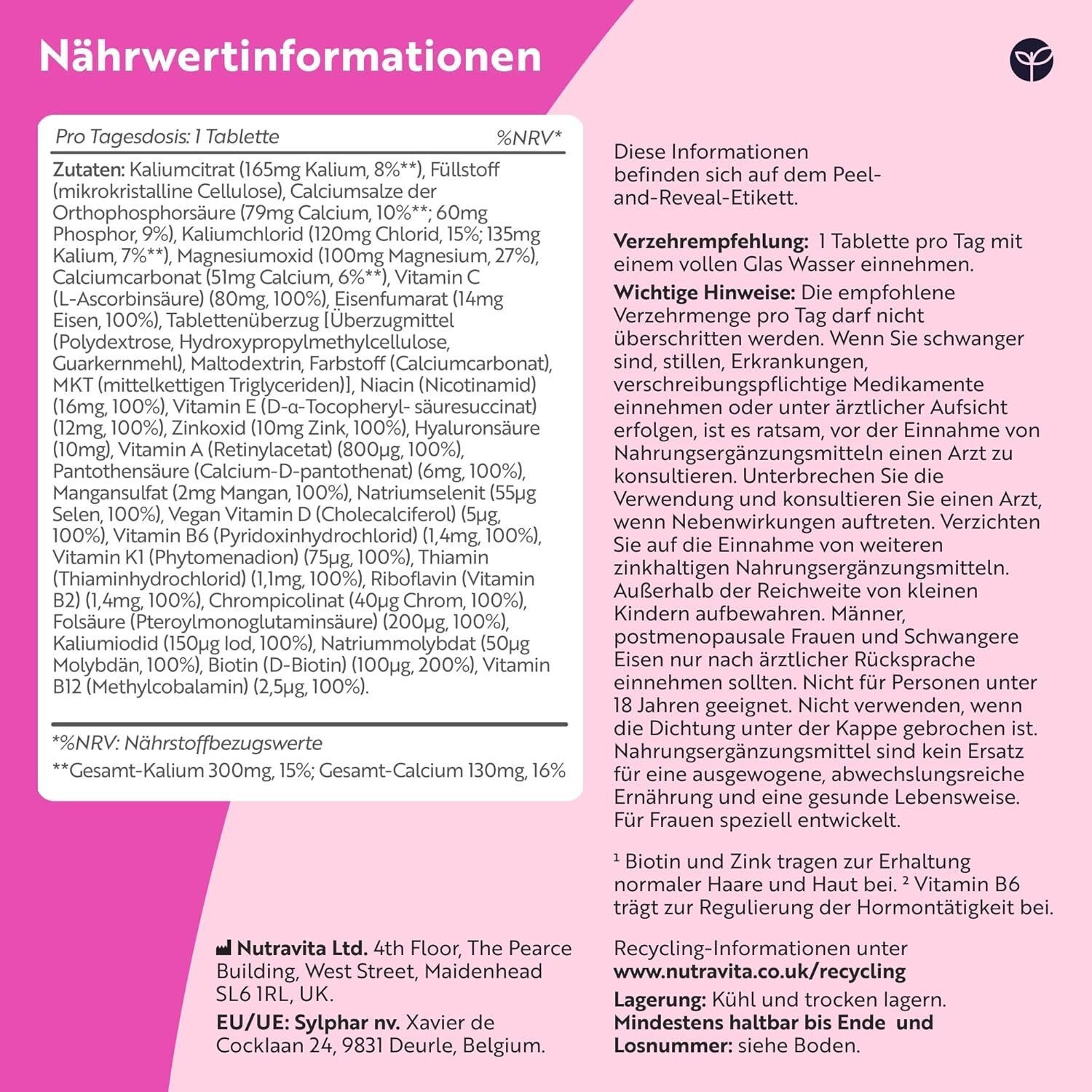 Multivitamine für Frauen – 24 Vitamine & Mineralien mit Hyaluronsäure – 180 Kapseln – Nutravita