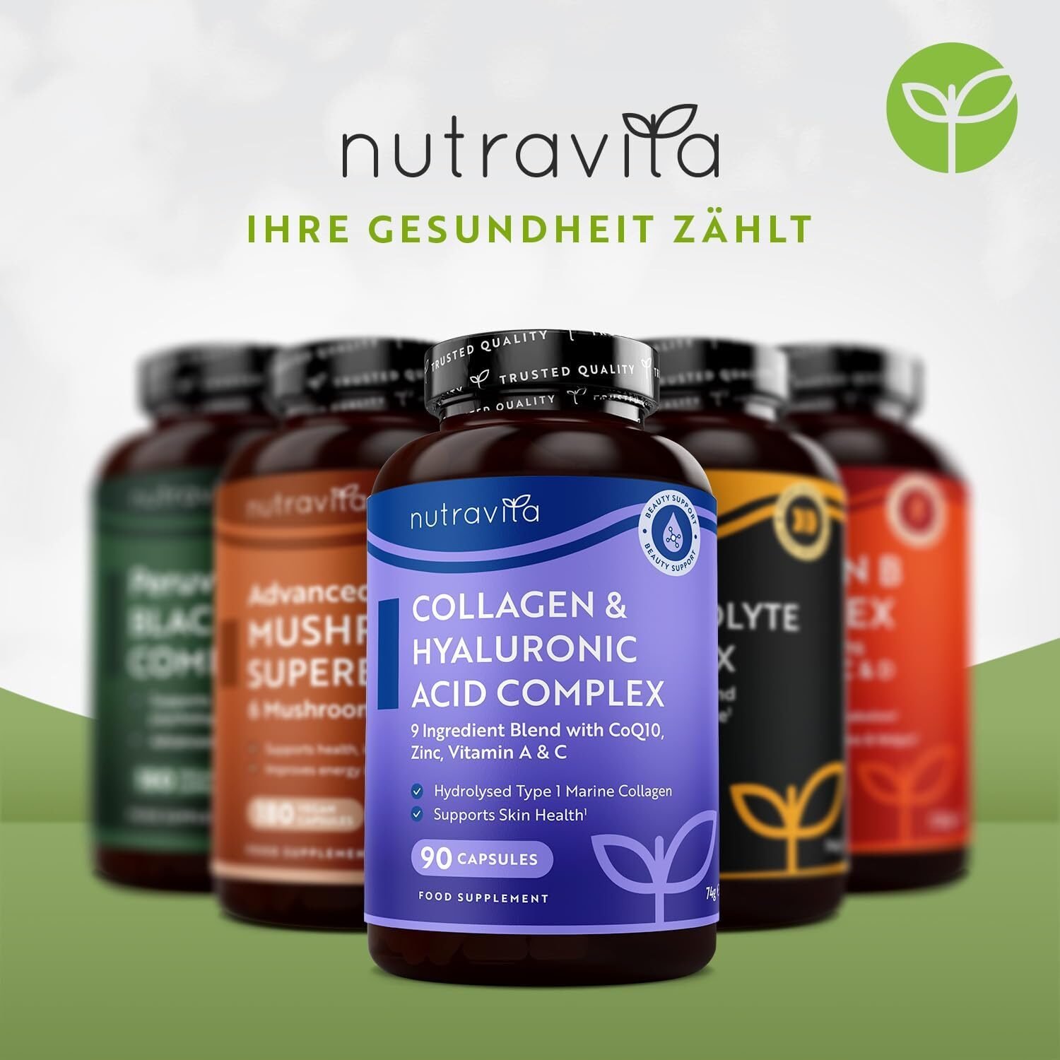 Kollagen Komplex 90 Kapseln – Mit Marinem Kollagen, Hyaluronsäure, Vitaminen & Mineralstoffen – 3 Monatsvorrat – Nutravita