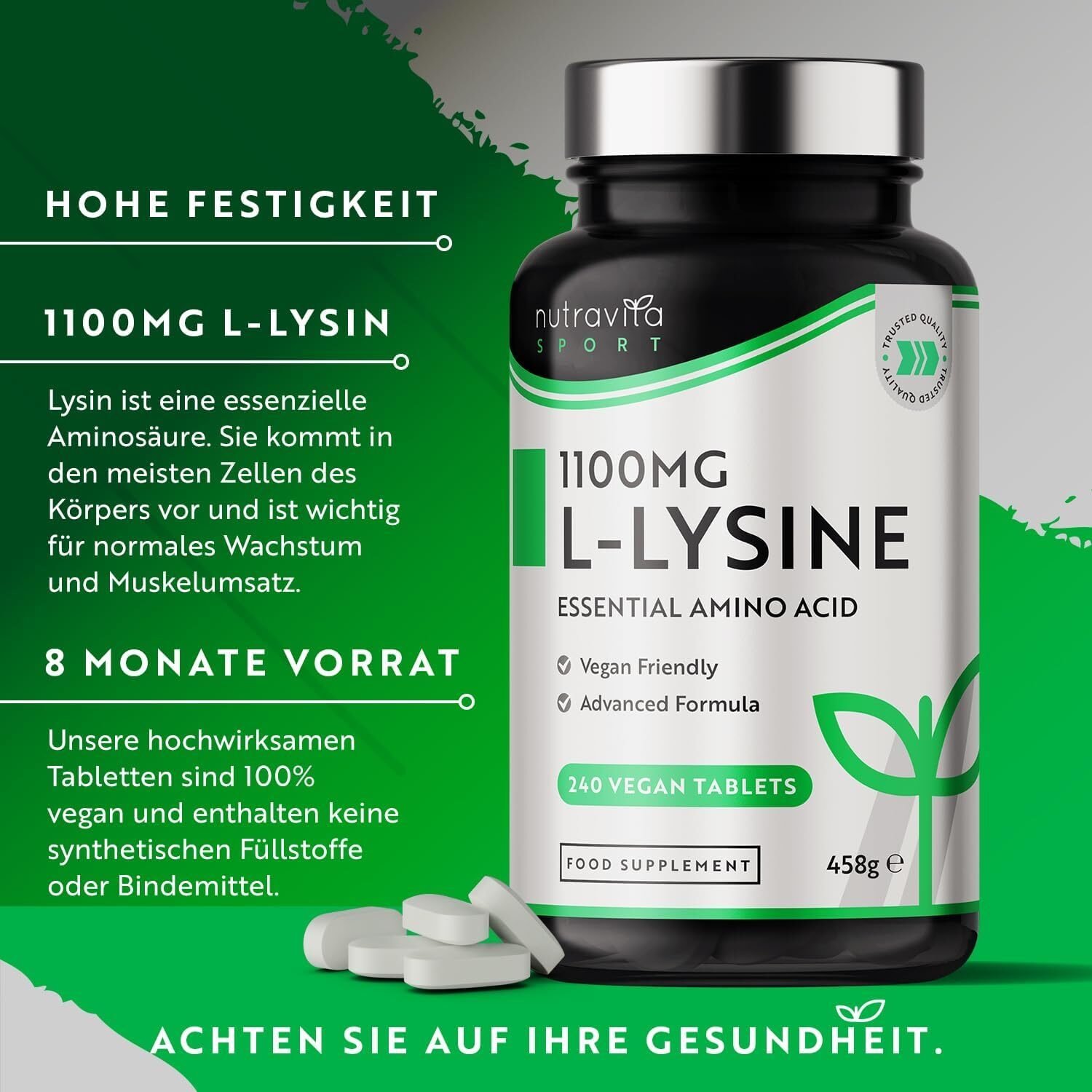L-Lysine 1100 mg 240 Tabletten – Hochdosiert – Essentielle Aminosäure – 8 Monatsvorrat – Nutravita