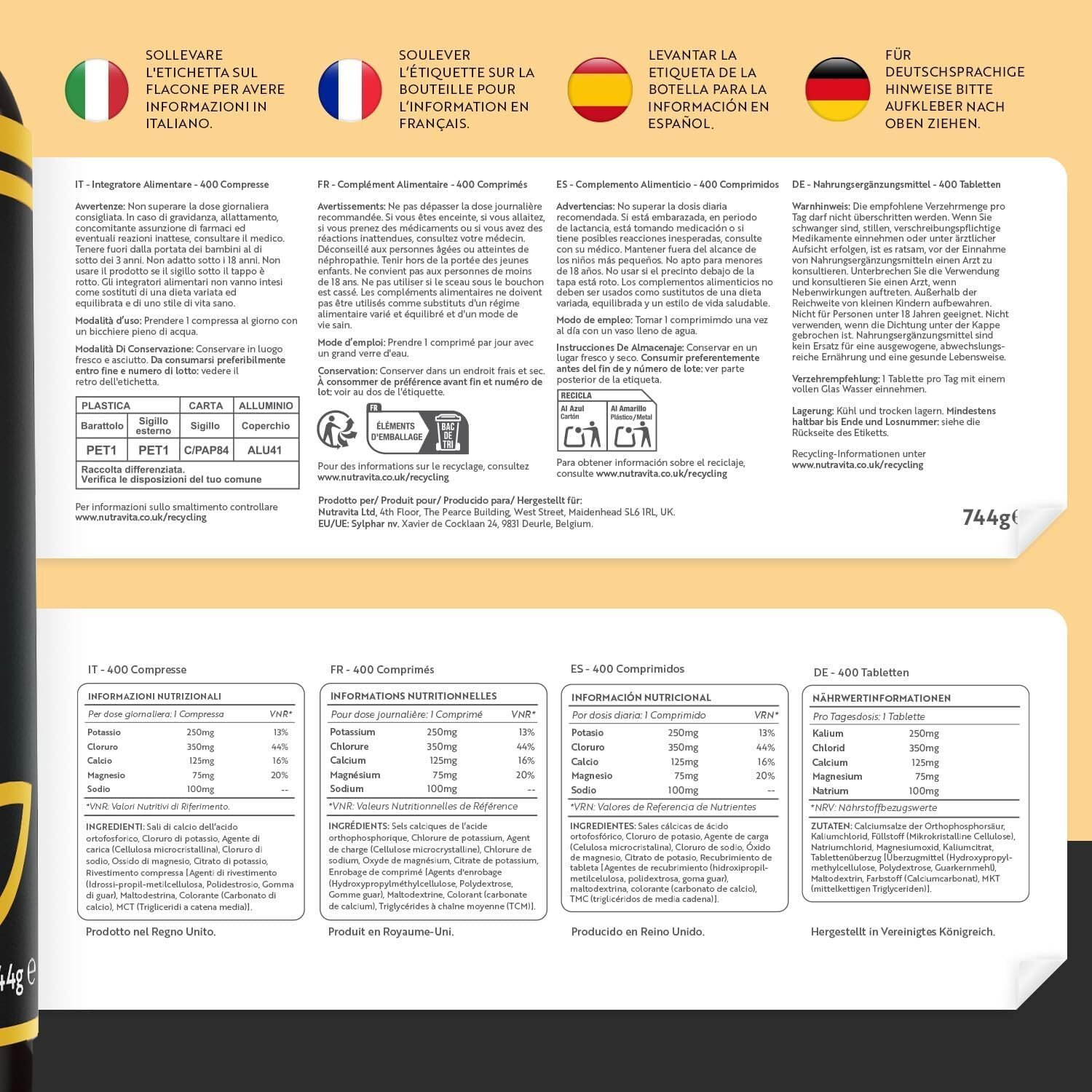 Elektrolyte Komplex mit Magnesium, Kalium, Kalzium, Natrium & Chlorid – Hochdosiert – 400 Tabletten – Nutravita