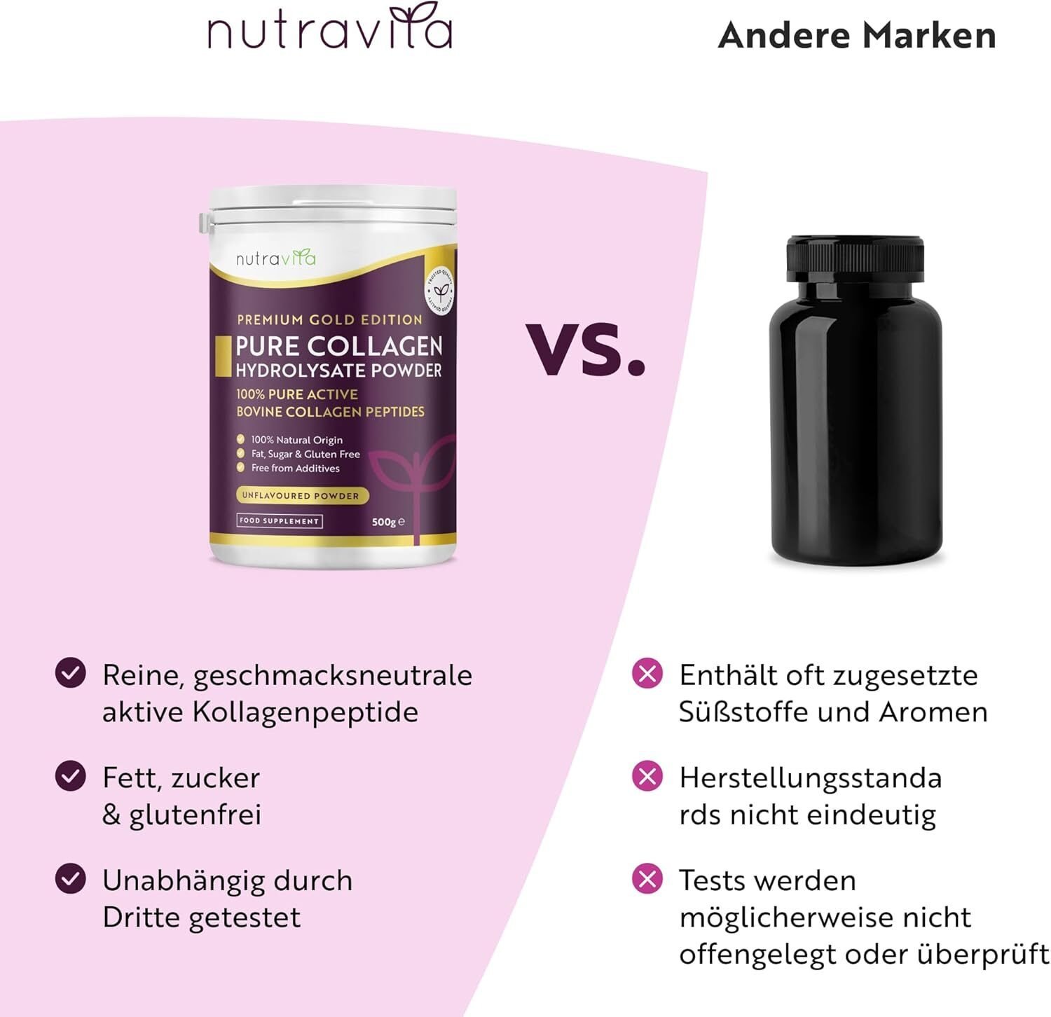 Kollagen Pulver 500g – Hochdosiertes bioaktives Kollagen Hydrolysat – 50 Portionen – Nutravita