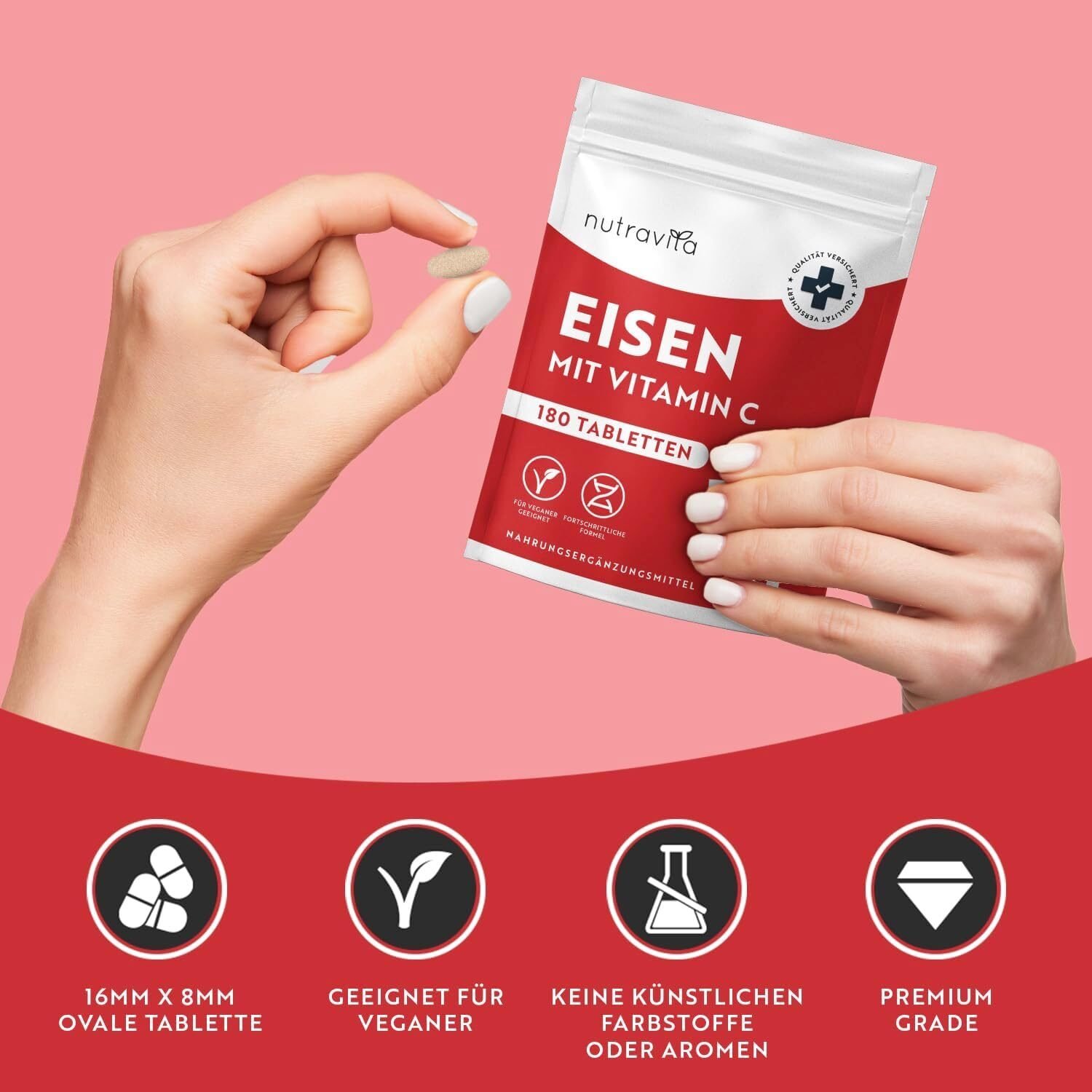 5a6d44646b68b18cead8dc3f3b758c3d.jpg Eisentabletten 180 Tabletten – 40 mg Eisen + Vitamin C – Hochdosiert – Vegane Tabletten – Nutravita