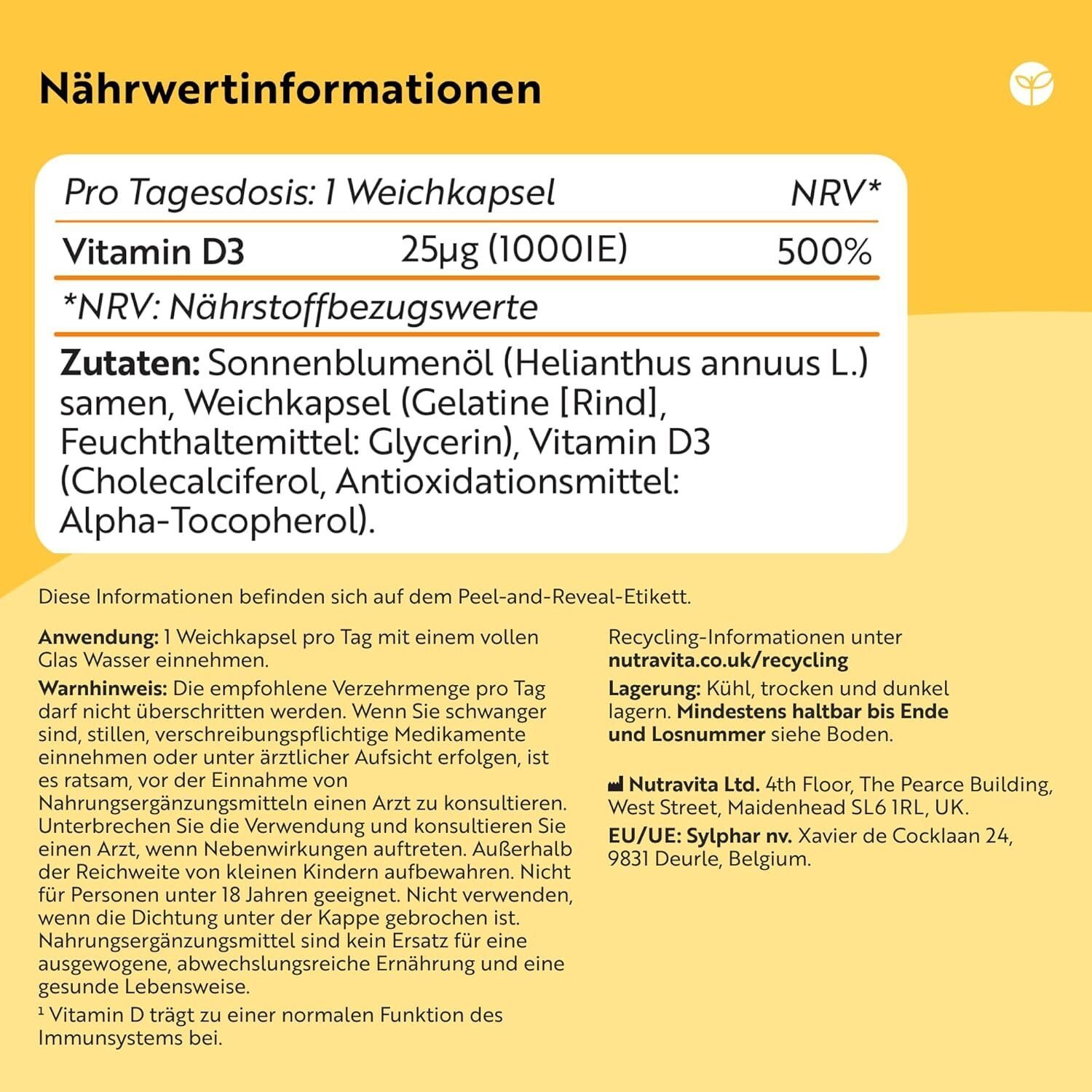 Vitamin D3 1000 I.E. 365 Kapseln – Unterstützung für Knochen, Muskeln & Immunsystem – Made in Germany – Nutravita