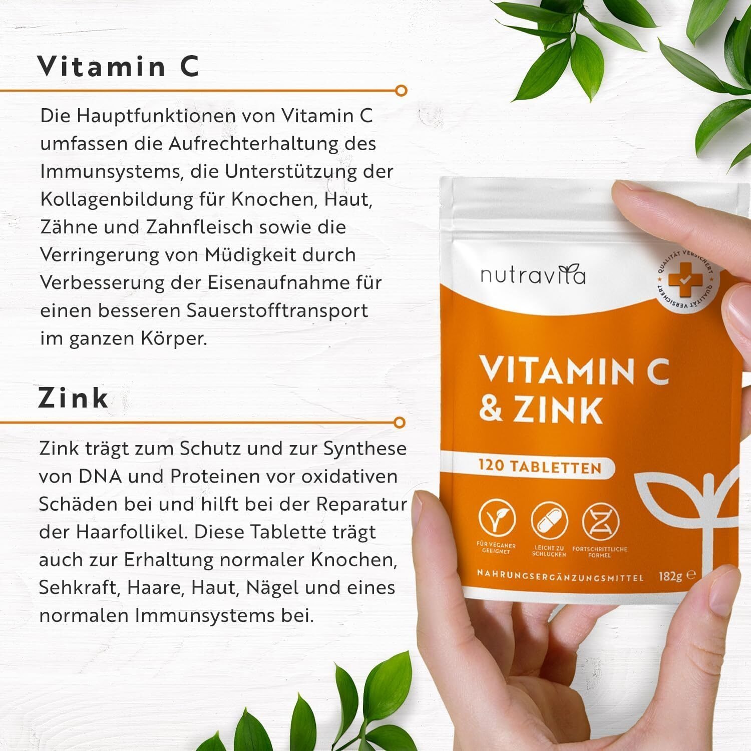Vitamin C Zink 120 Tabletten – 1000 mg + 20 mg – Hochdosiert – 4 Monatsvorrat – Nutravita