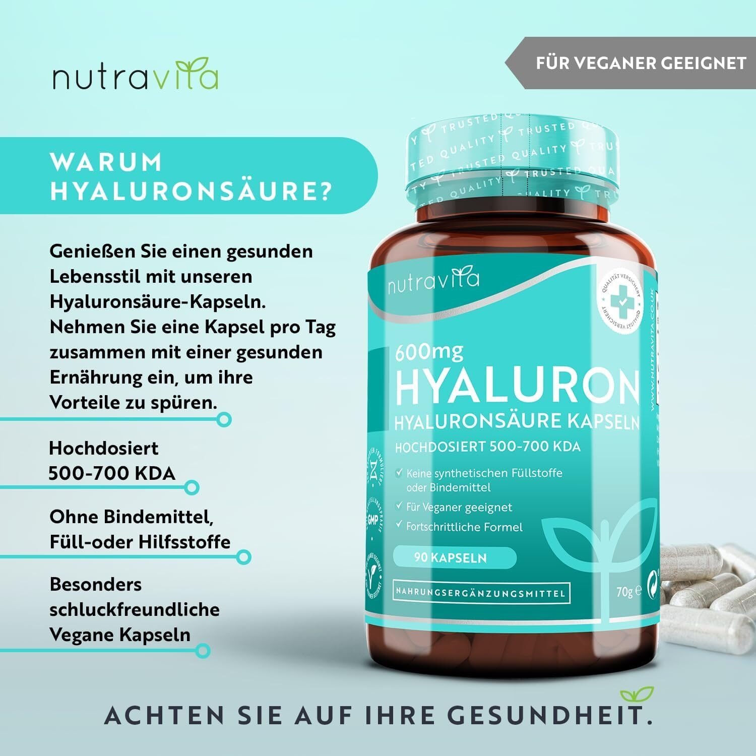 Hyaluronsäure Kapseln 90 Kapseln – 600 mg Hochdosiert – 500–700 kDa – 3 Monatsvorrat – Nutravita