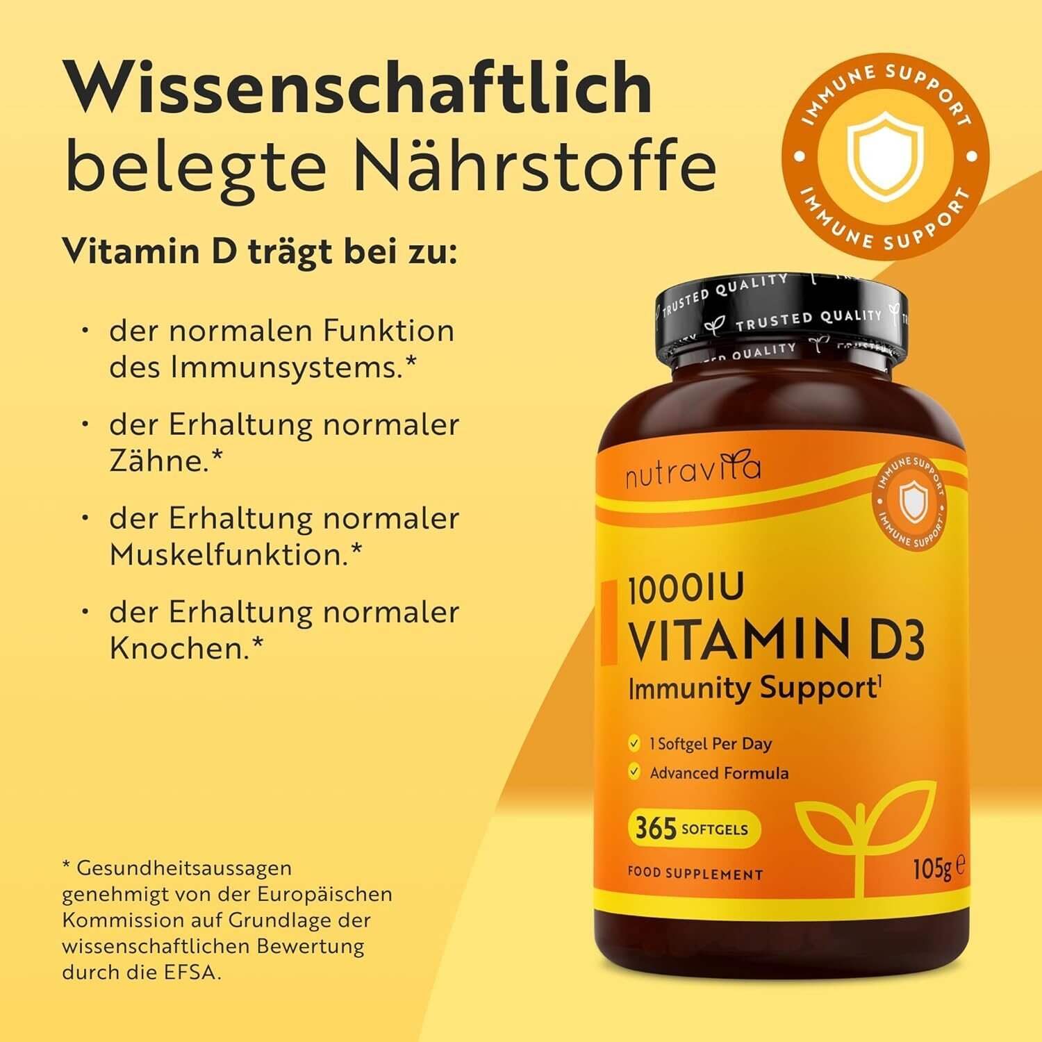 Vitamin D3 1000 I.E. 365 Kapseln – Unterstützung für Knochen, Muskeln & Immunsystem – Made in Germany – Nutravita