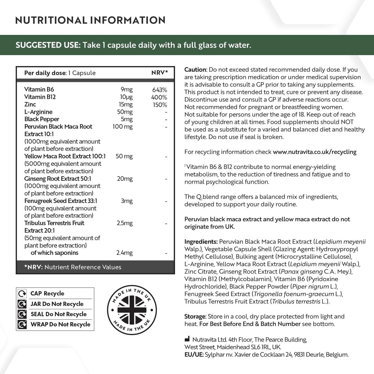 Schwarzer Maca Komplex 180 Kapseln – Mit Zink, Vitamin B6 & B12 – Ginseng & L-Arginin – Hochdosiert – Nutravita