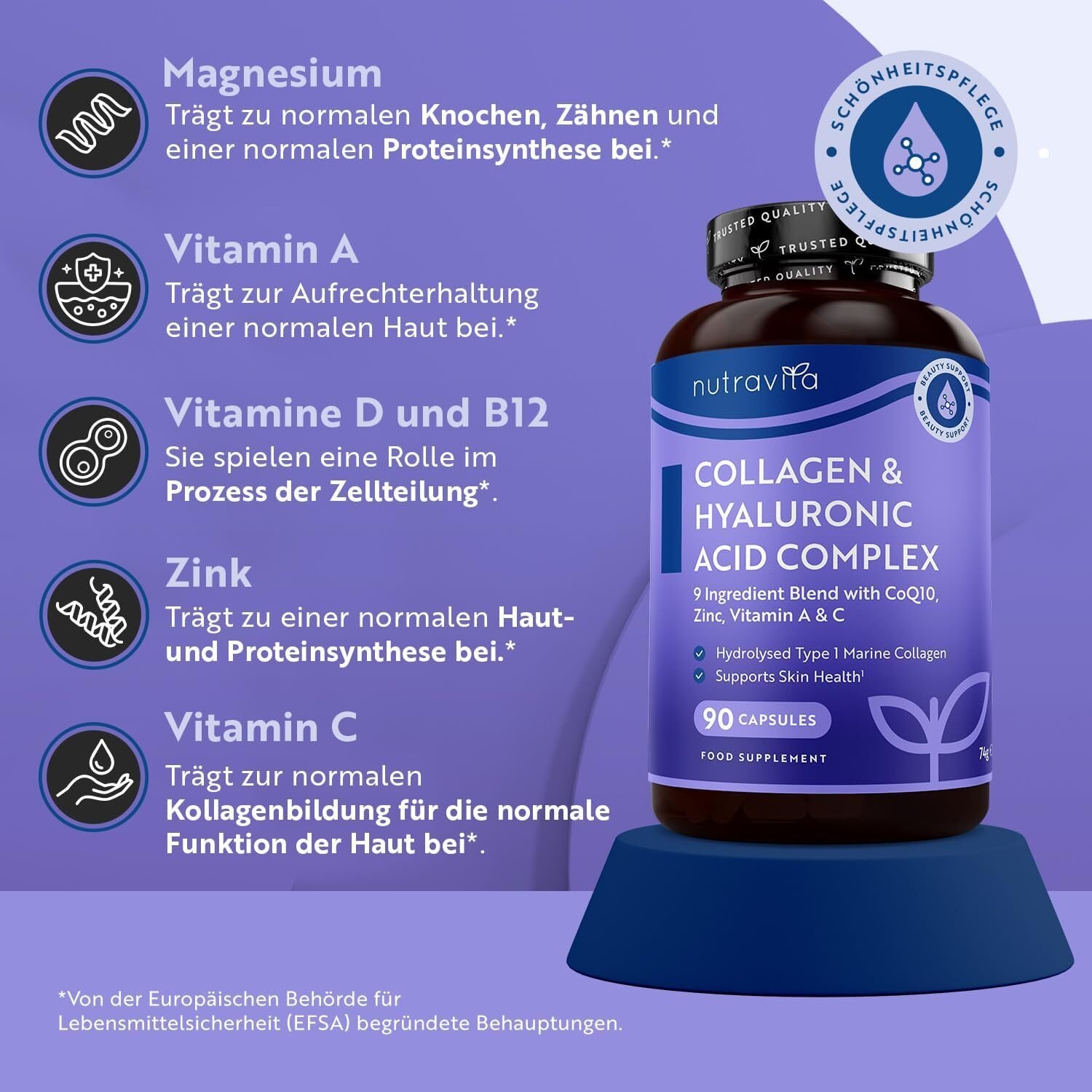 Kollagen Komplex 90 Kapseln – Mit Marinem Kollagen, Hyaluronsäure, Vitaminen & Mineralstoffen – 3 Monatsvorrat – Nutravita