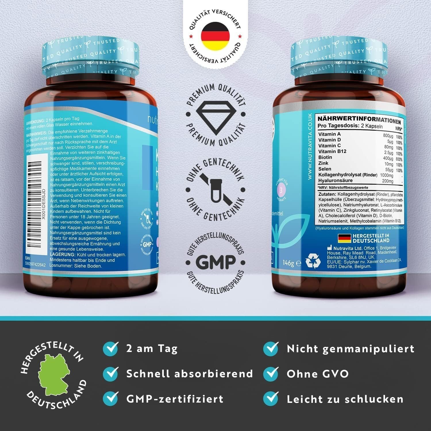 Hyaluronsäure Kollagen Komplex 180 Kapseln – Hochdosierte Beauty-Formel mit Vitaminen für Haut, Haare & Nägel – Nutravita