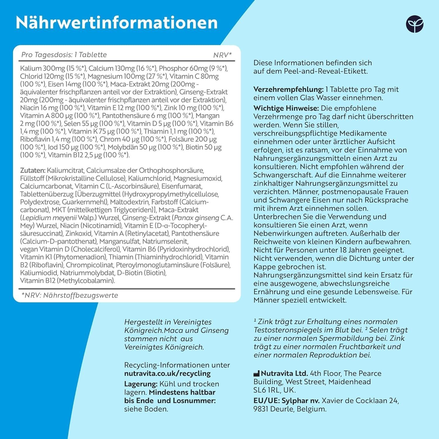 Multivitamine für Männer 180 Tabletten – 25 Vitamine & Mineralien – Mit Maca & Ginseng – 6 Monatsvorrat – Nutravita
