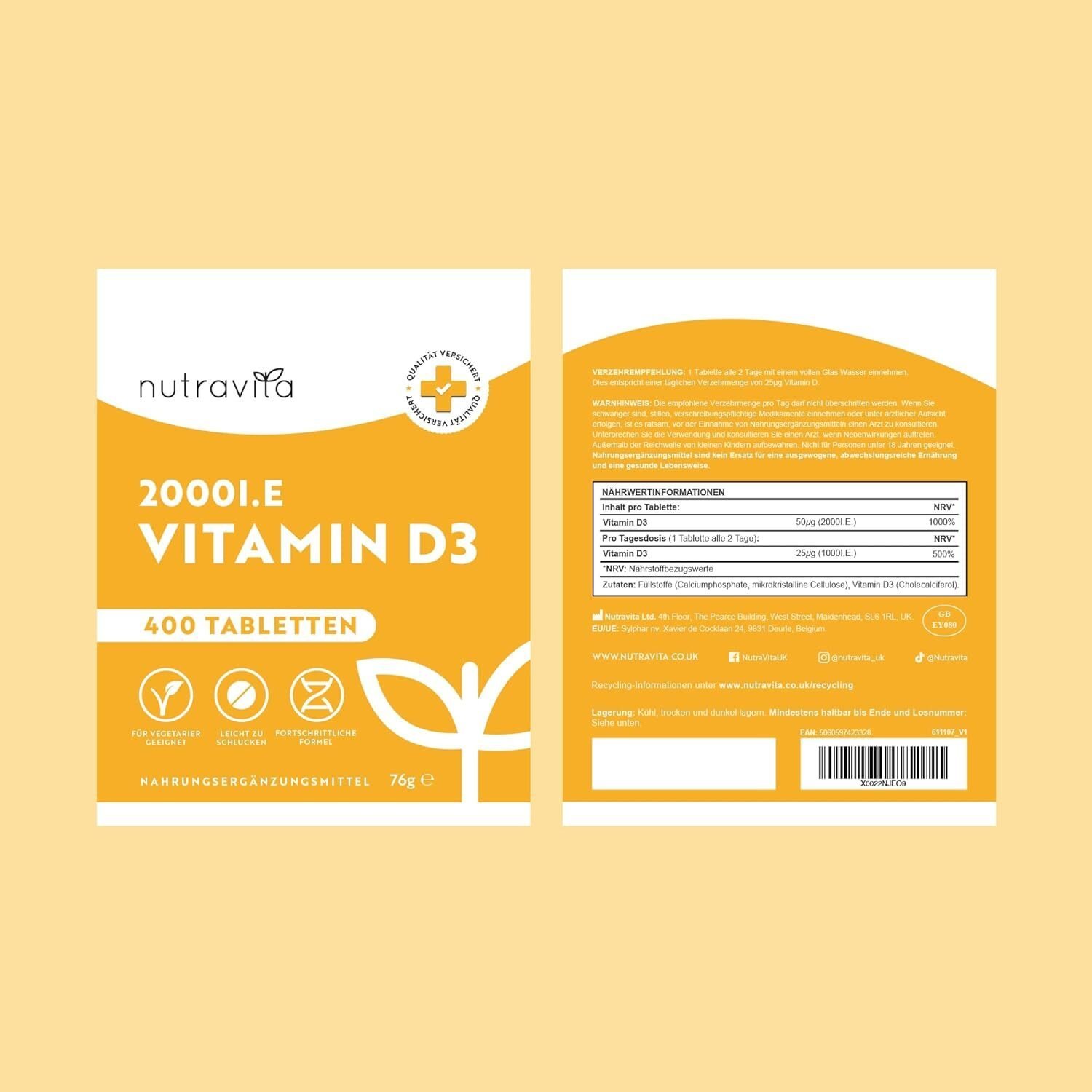 Vitamin D3 2000 I.E. 400 Tabletten – Hochdosiert – Vegetarisch – 1 Jahresvorrat – Nutravita